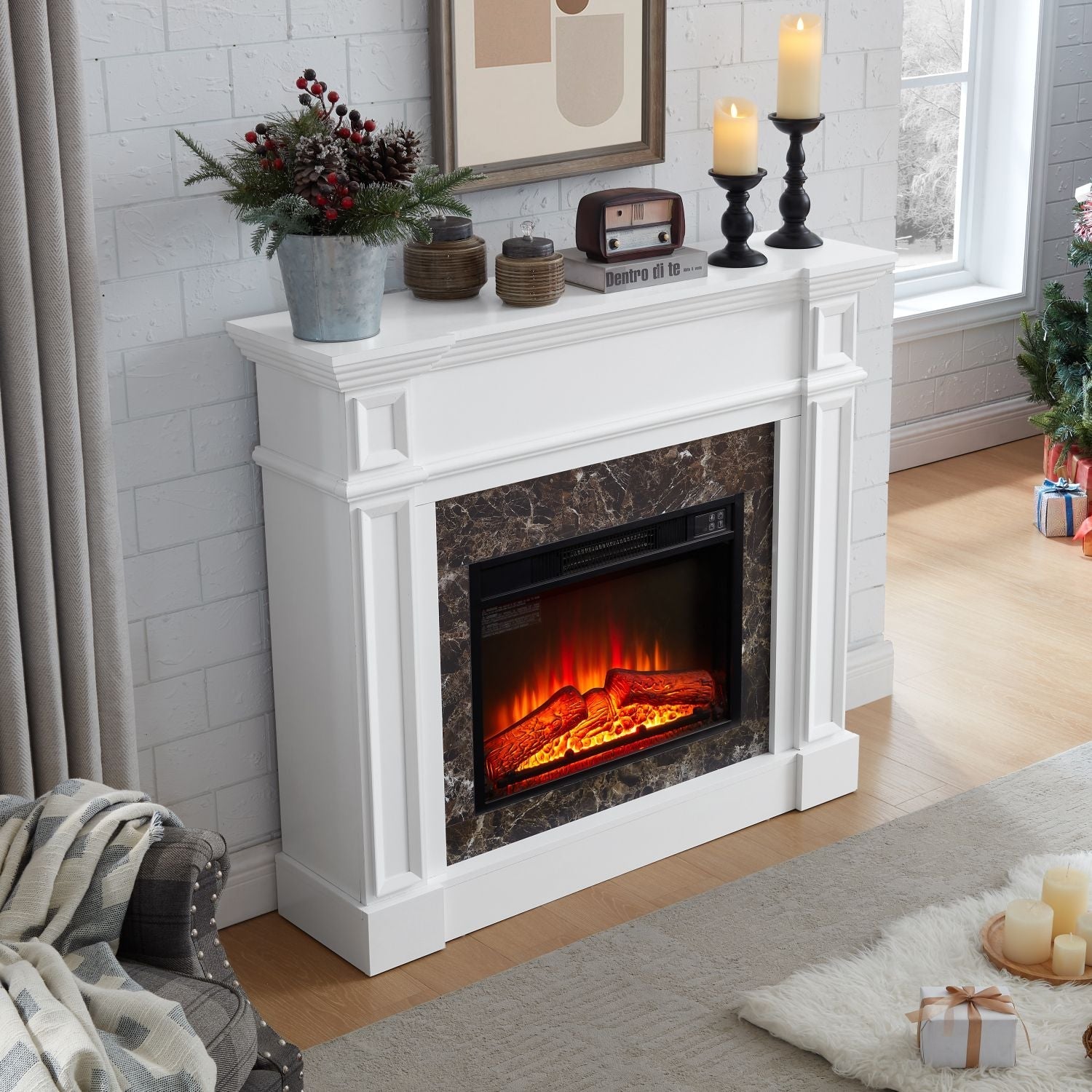 Electric Fireplace with Mantel, Fireplace Mantel, Fireplace Heater Freestanding, Realistic Stacked Stone Surround with Remote Control Timer LED Flame, White, 45.66"W*11.8"D*40"H