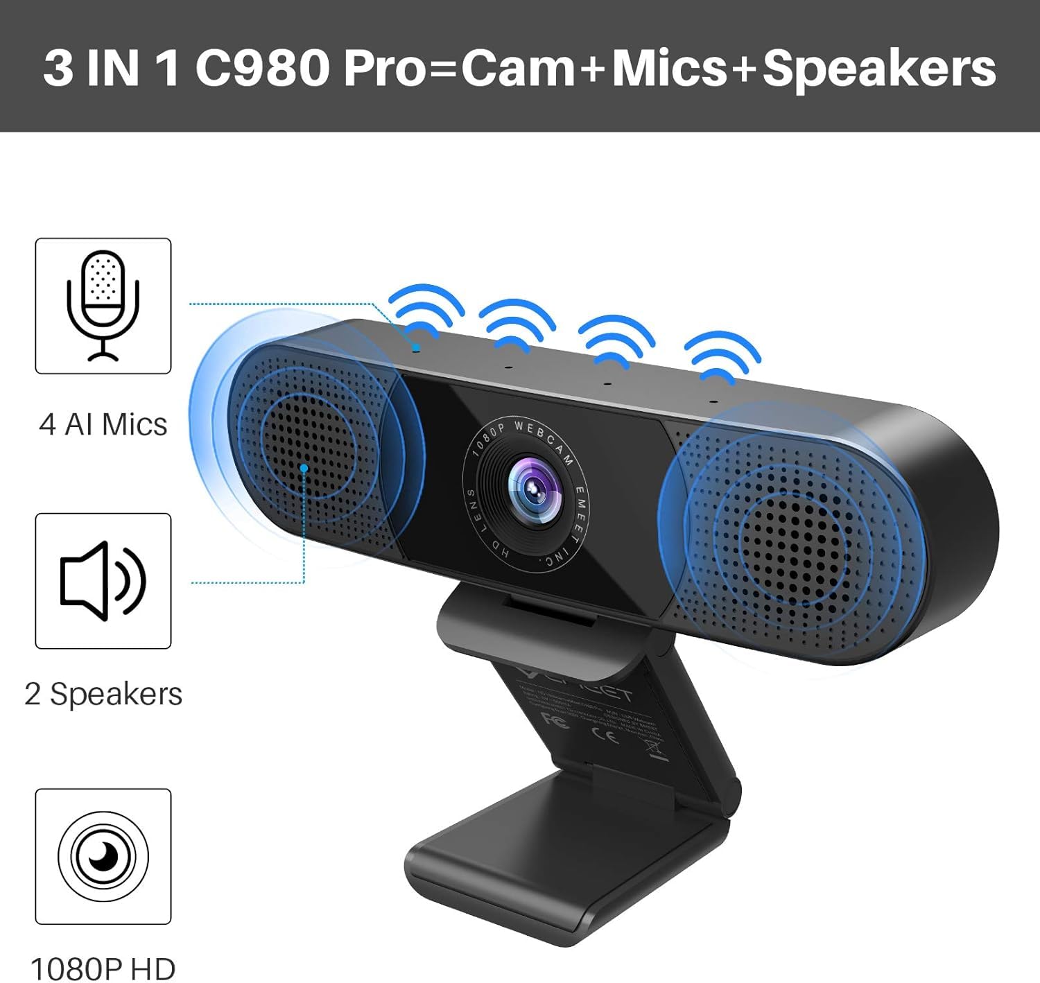 EMEET 1080P Webcam with Microphone, C960 Web Camera, 2 Mics, 90° FOV, USB Type-A & A-to-C Adapter, Plug&Play Computer Camera for Online Calling/Conferencing, Zoom/Teams/Facetime/YouTube, 2025 Version