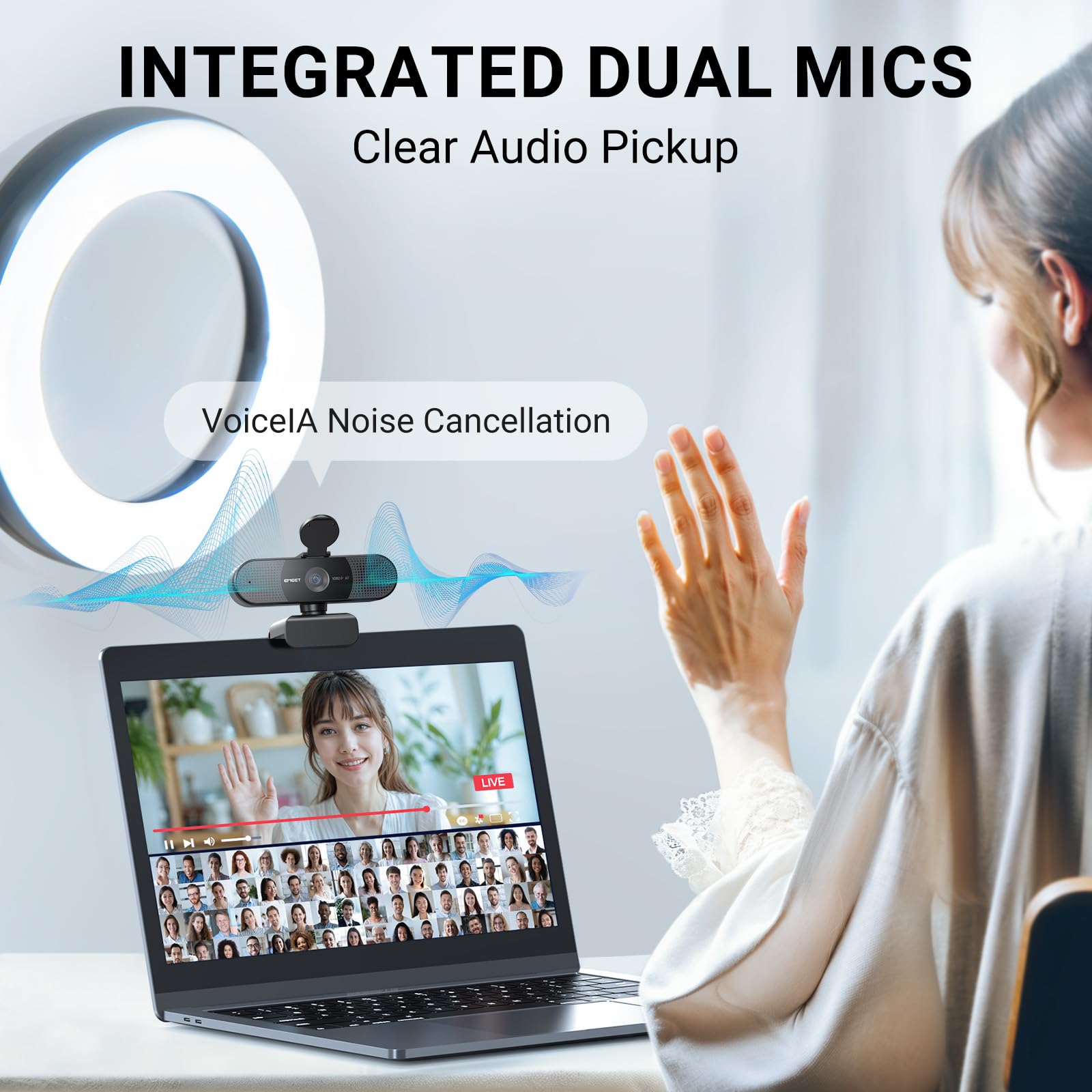 EMEET 1080P Webcam with Microphone, C960 Web Camera, 2 Mics, 90° FOV, USB Type-A & A-to-C Adapter, Plug&Play Computer Camera for Online Calling/Conferencing, Zoom/Teams/Facetime/YouTube, 2025 Version