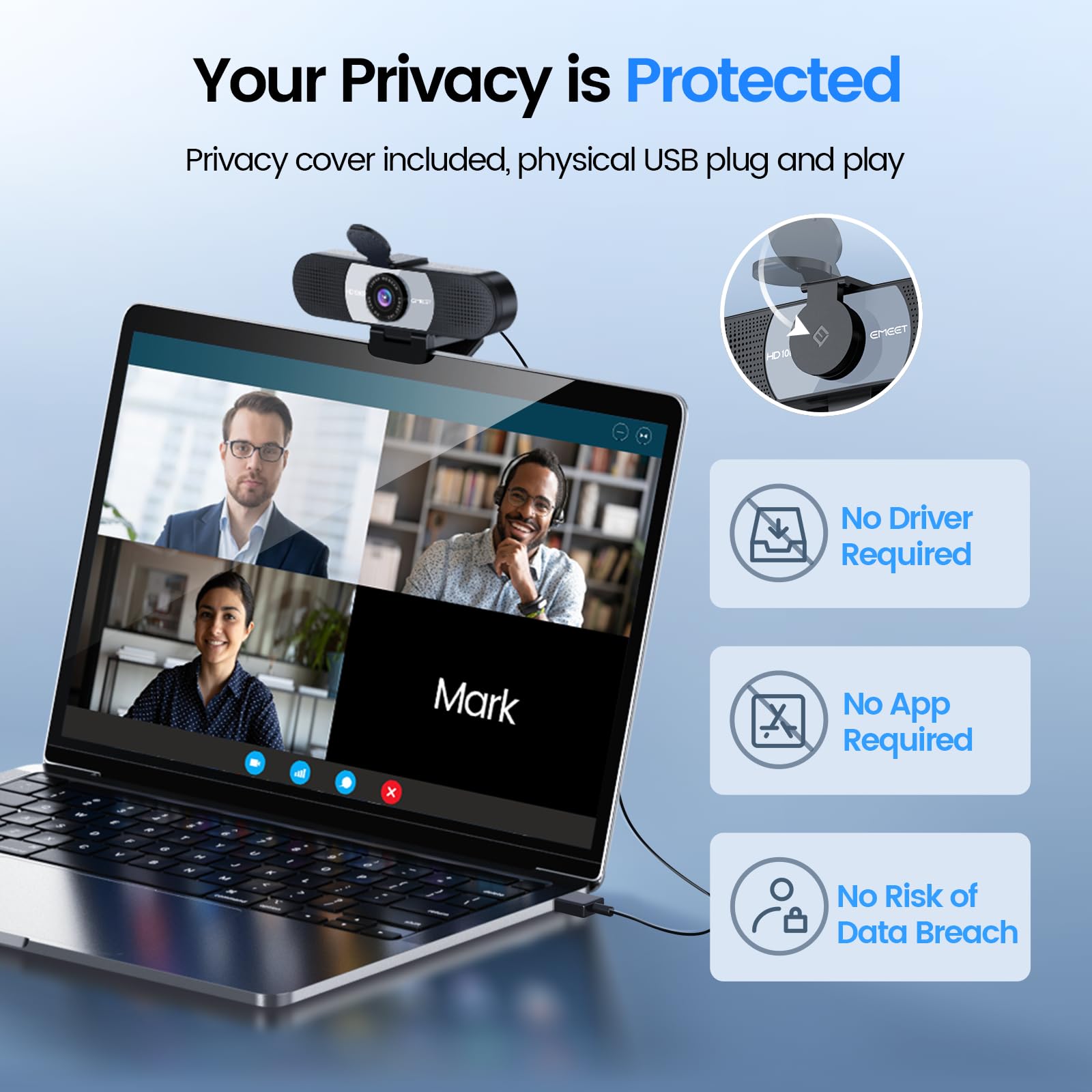 EMEET 1080P Webcam with Microphone, C960 Web Camera, 2 Mics, 90° FOV, USB Type-A & A-to-C Adapter, Plug&Play Computer Camera for Online Calling/Conferencing, Zoom/Teams/Facetime/YouTube, 2025 Version