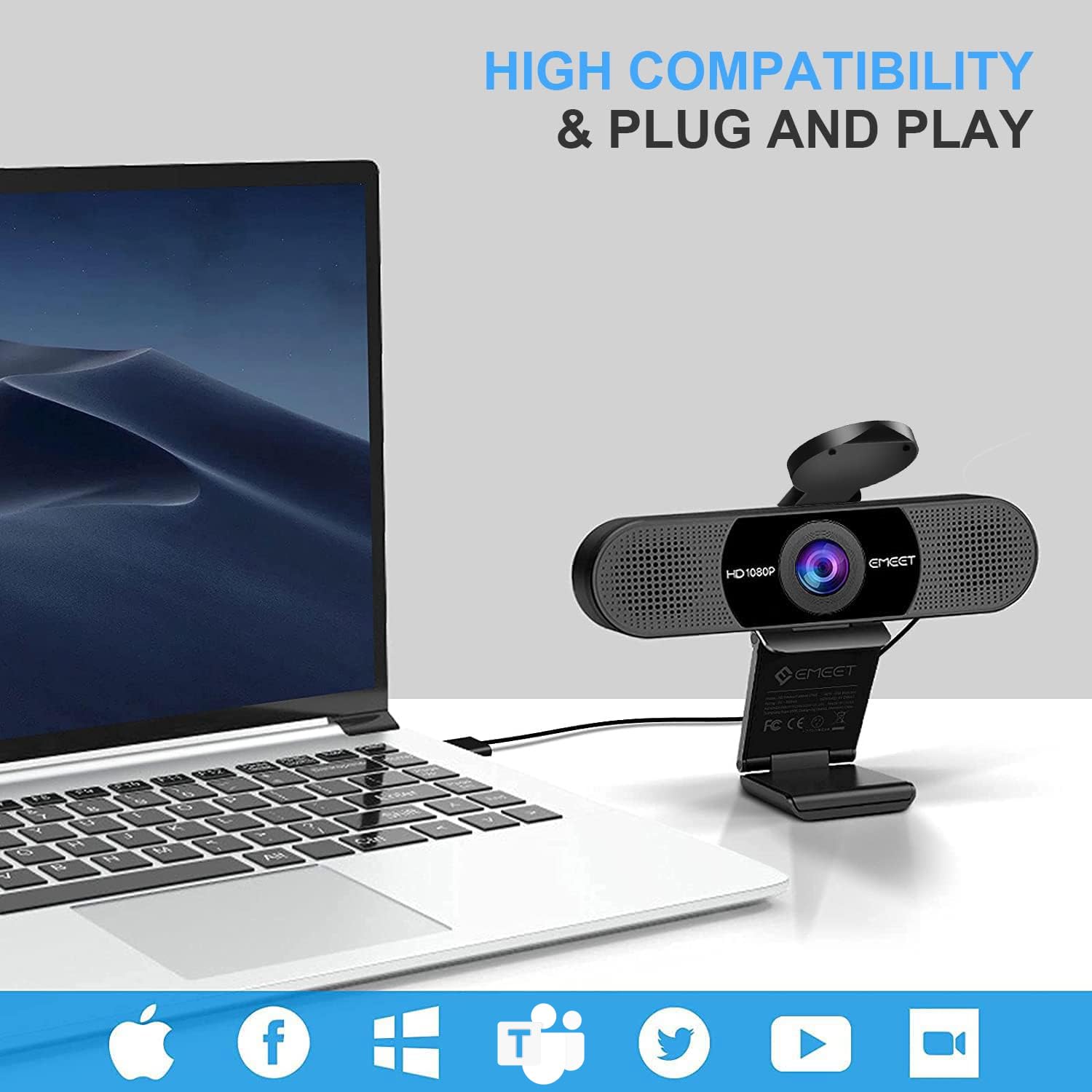 EMEET 1080P Webcam with Microphone, C960 Web Camera, 2 Mics, 90° FOV, USB Type-A & A-to-C Adapter, Plug&Play Computer Camera for Online Calling/Conferencing, Zoom/Teams/Facetime/YouTube, 2025 Version