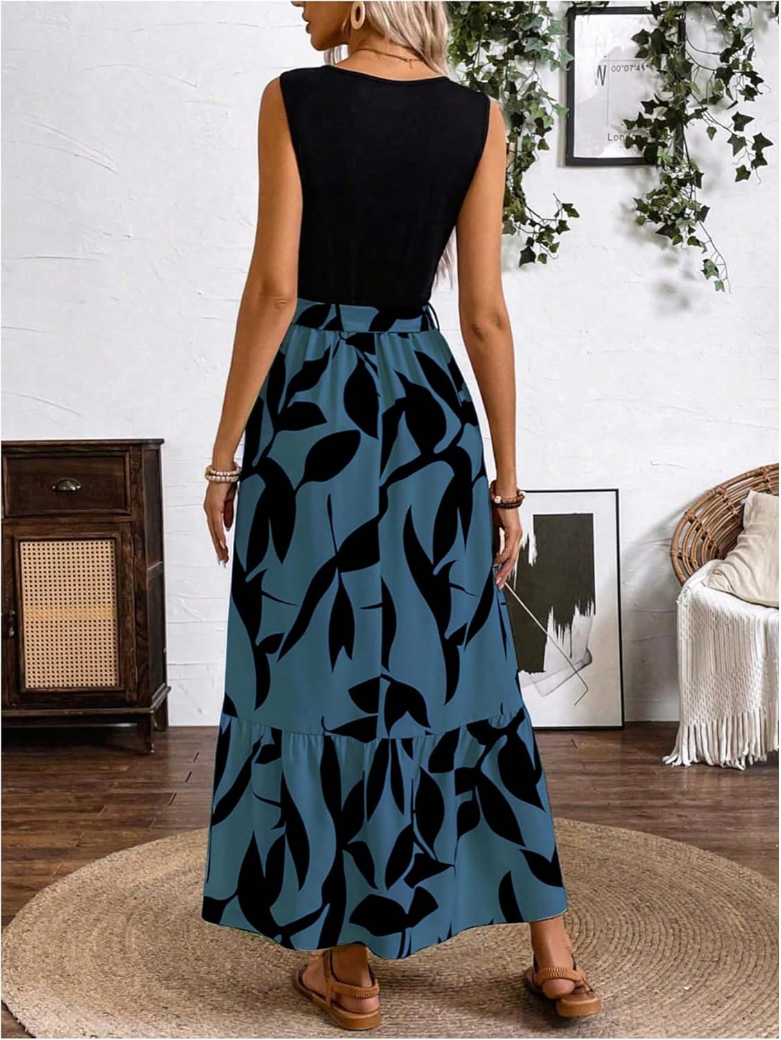 EMERY ROSE Spring/Summer Printed Asymmetrical Hem Dress (Mid-Long Length Knitted Vest & Woven Dress, Leaf Print) Maxi Vacation Beach Outfits Women