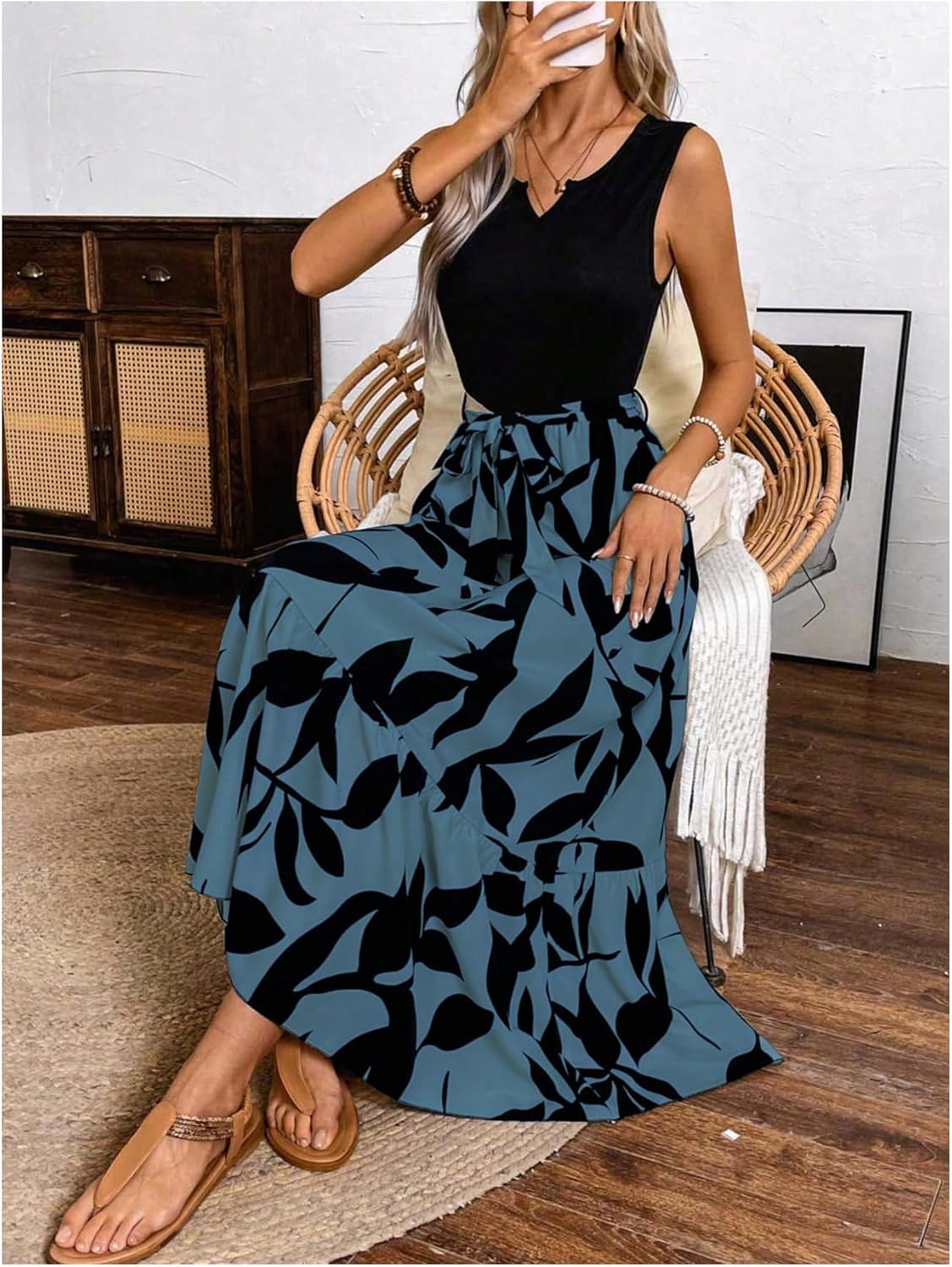 EMERY ROSE Spring/Summer Printed Asymmetrical Hem Dress (Mid-Long Length Knitted Vest & Woven Dress, Leaf Print) Maxi Vacation Beach Outfits Women