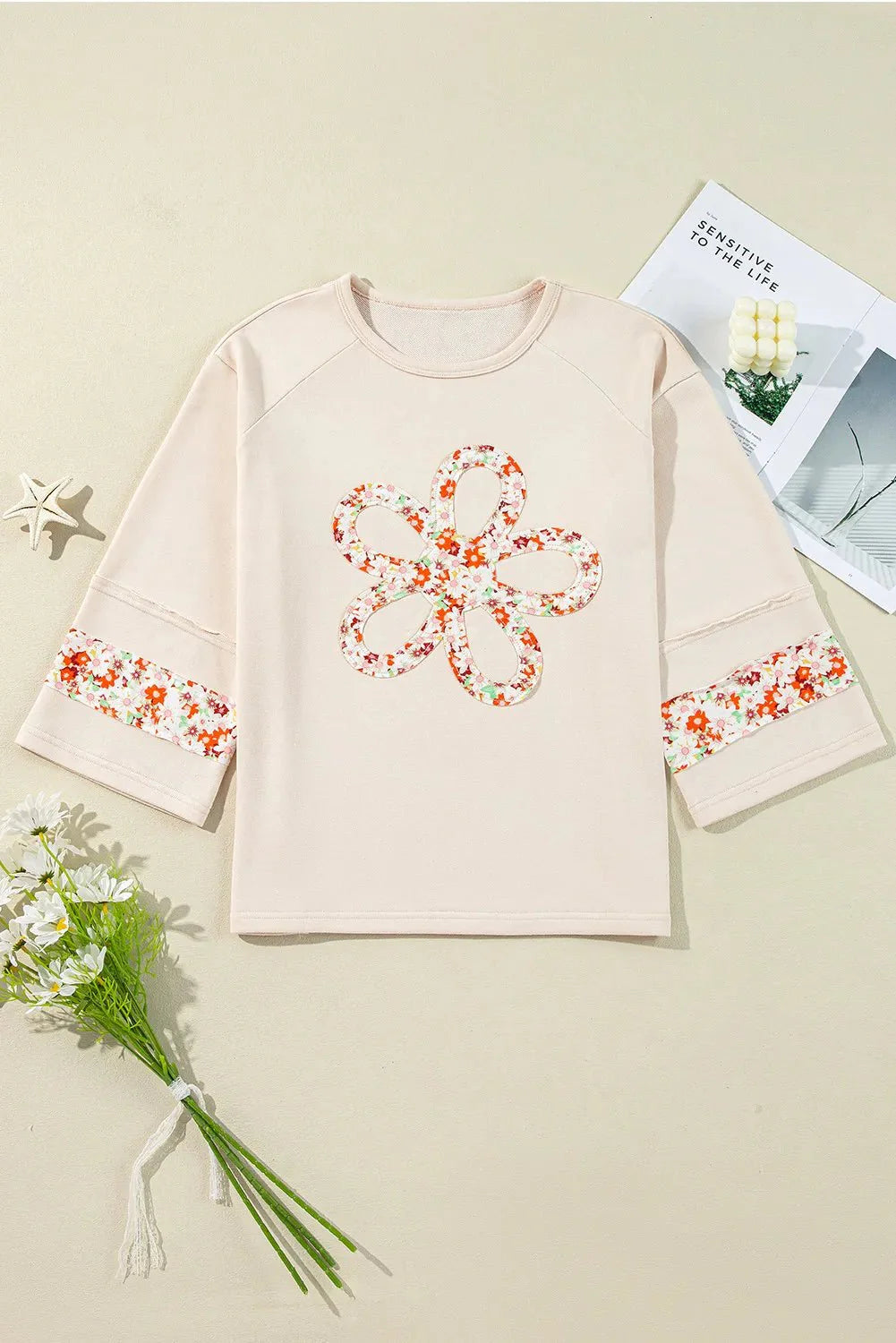 Exposed Seam Slit Floral Round Neck Blouse For women all sizes