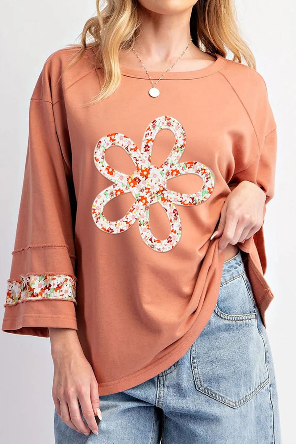 Exposed Seam Slit Floral Round Neck Blouse For women all sizes