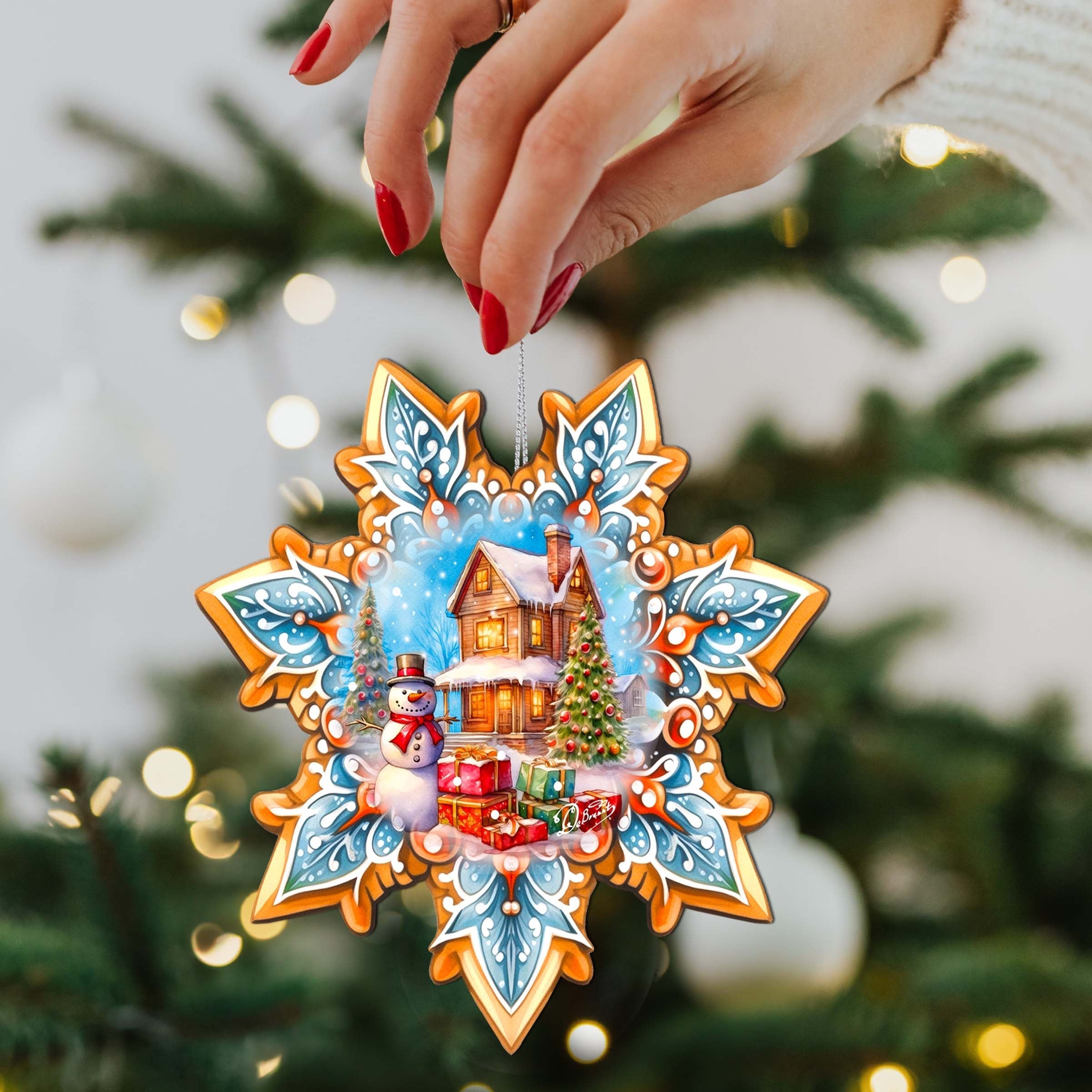 Snowman's Gifts Snowflake Wooden Ornaments by G. Debrekht - Christmas Santa Snowman Decor - 8688404