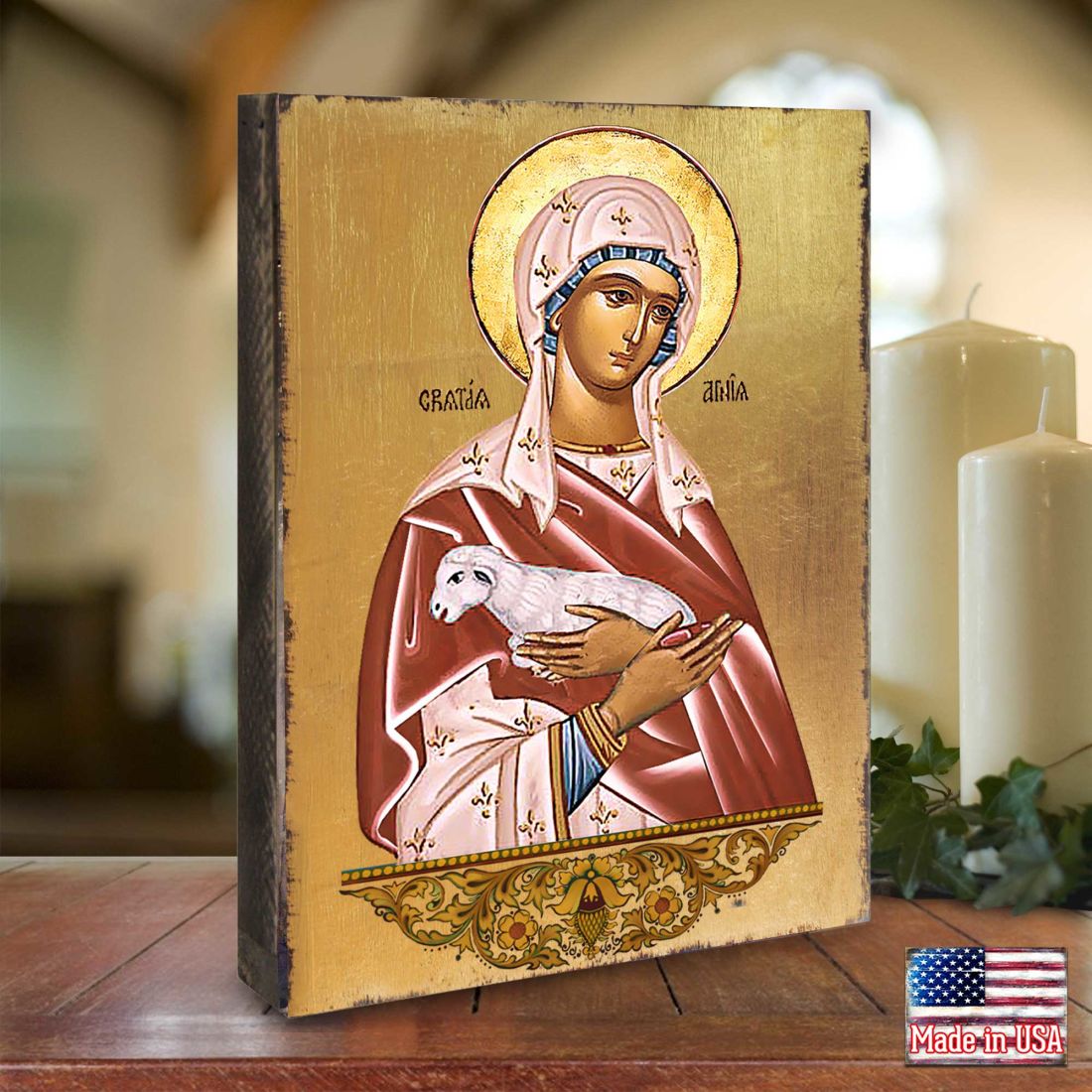 Saint Agnia Wooden Gold Plated Religious Christian Sacred Icon - Inspirational Icon Decor - 85025
