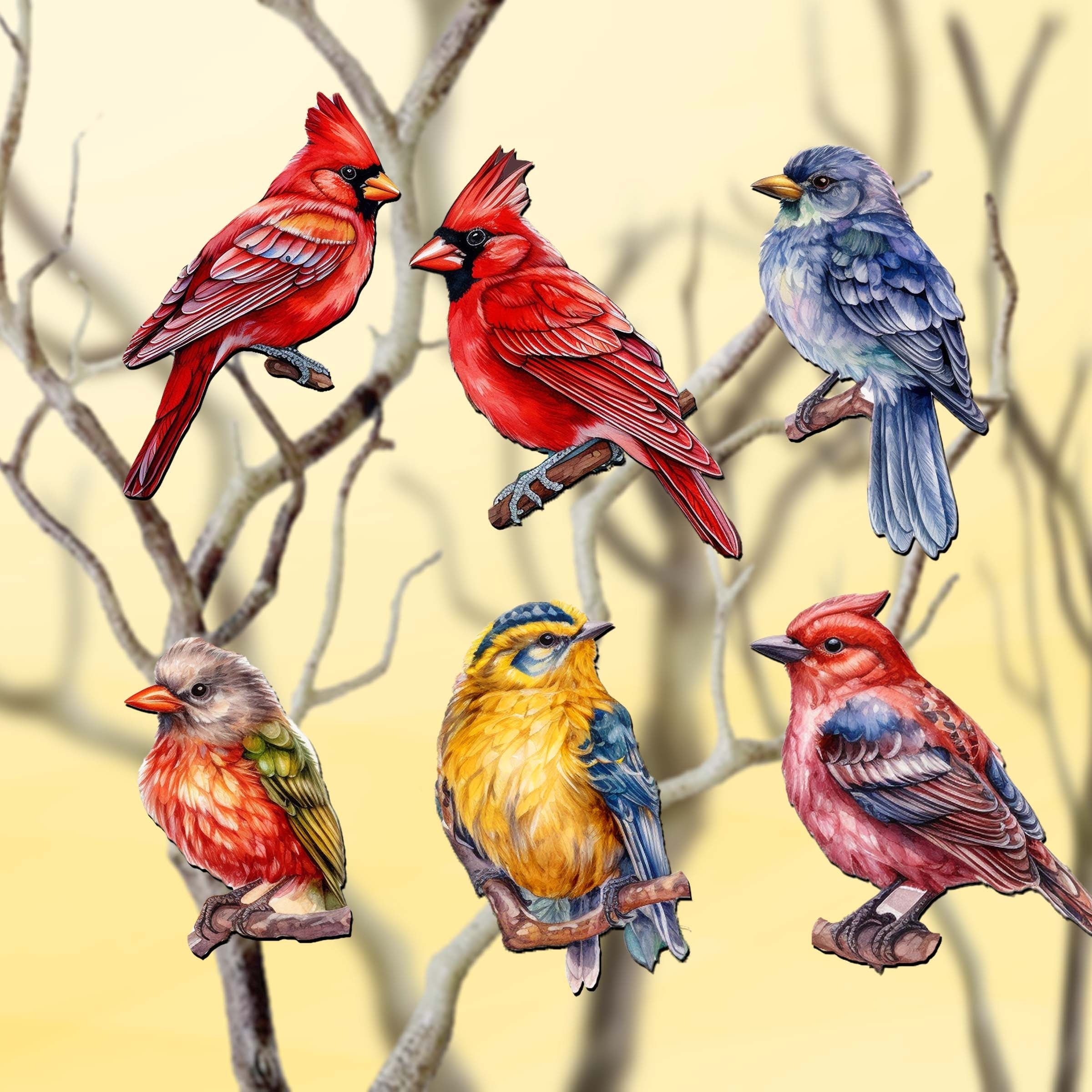 Winter Birds Decorative Wooden Clip-on Ornaments of 6 by G. Debrekht - Christmas Decor - 8090005C-S6