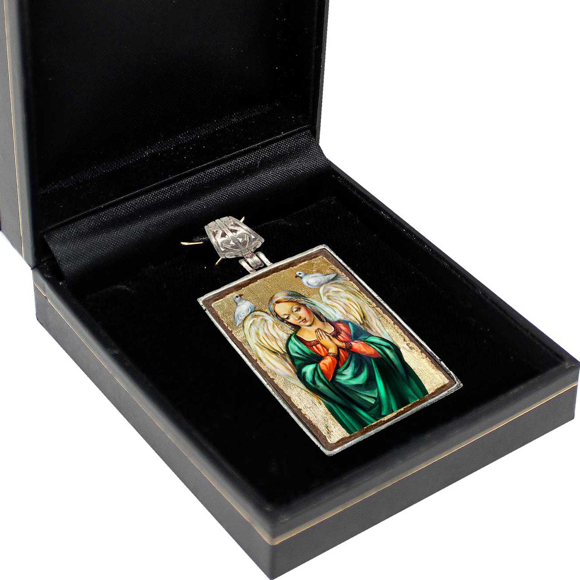 Angel with Dove Religious Jewelry Silver Plated Necklace, Gold-Plated Wooden Cabochon - Christian Sacred Icon - Inspirational Icon Decor - 43026R