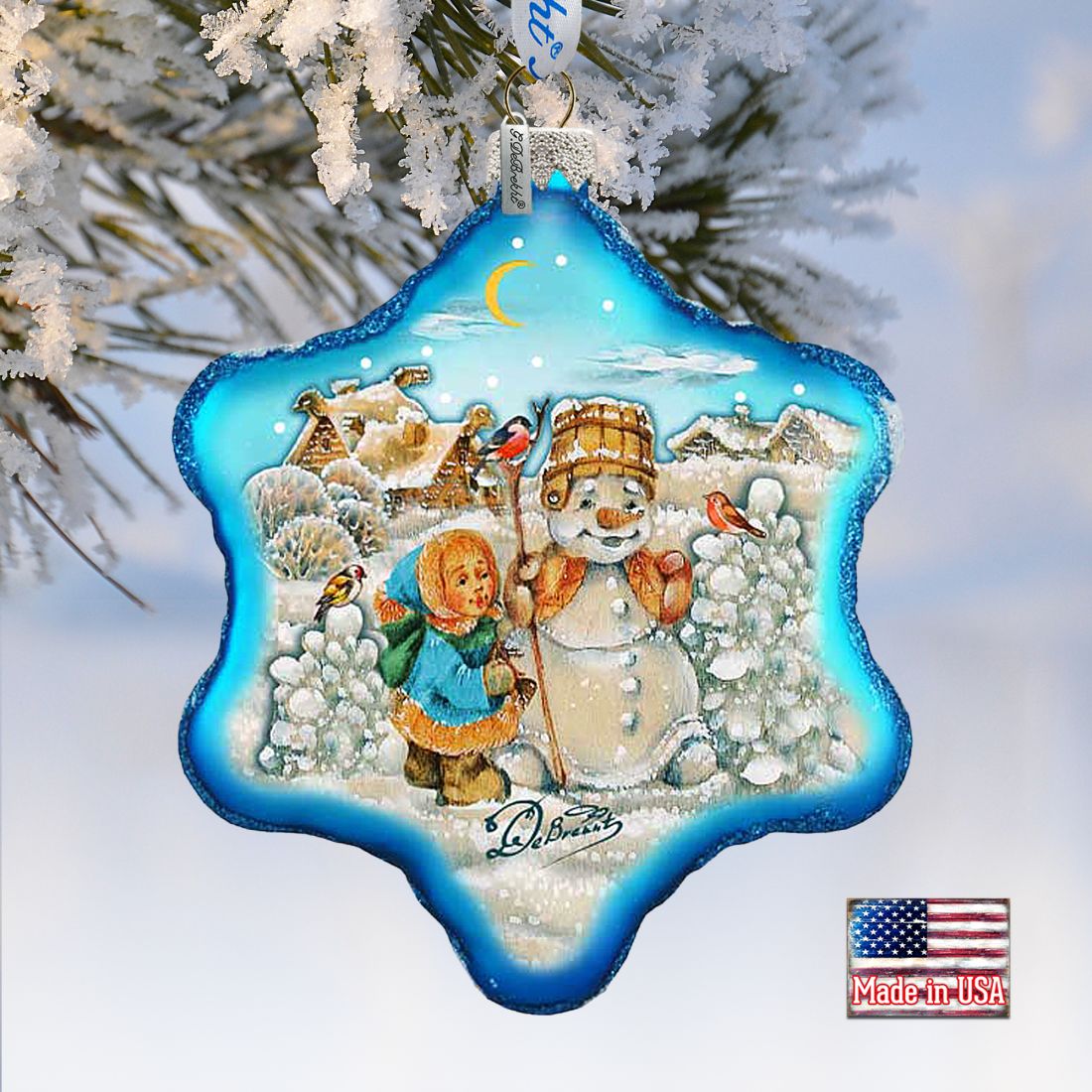 Building A Snowman Snowflake Glass Ornament by G. DeBrekht - Christmas Santa Snowman Decor - 754-005