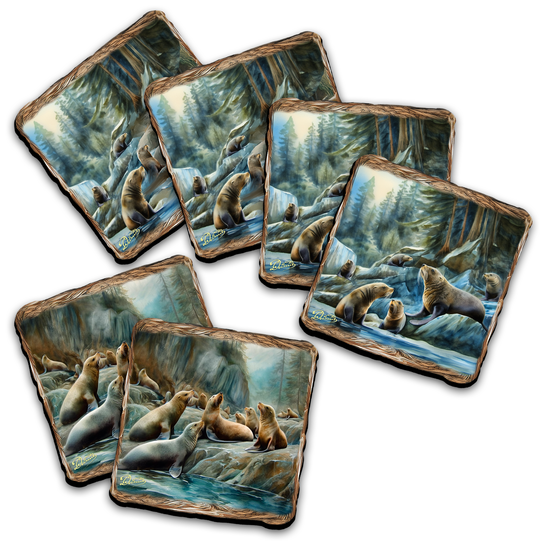 Sea Lion Cave Wooden Cork Placemat and Coasters Gift Set of 7 by Nature Wonders Coastal Nature Wildlife Decor  - 85413C-S7