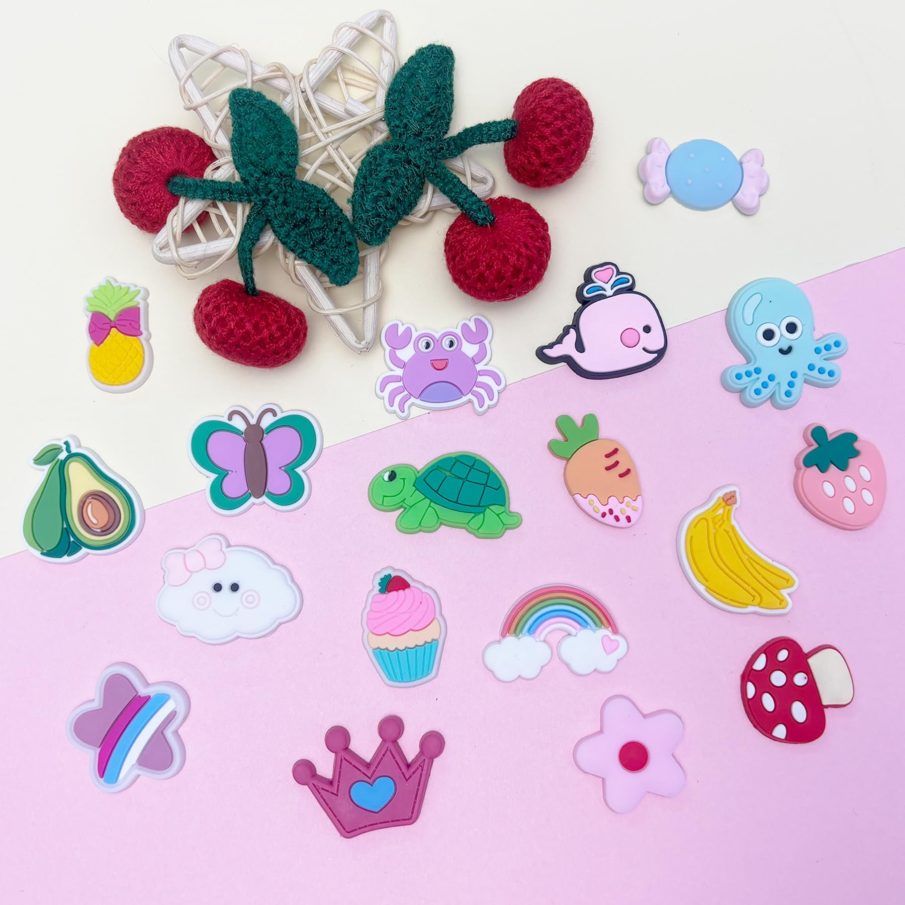 Fabric Cherry Shoe Charms for Girls, 20Pcs Cute PVC Charms for Clog Sandals, DIY Shoe Decoration Charms for Party Favor