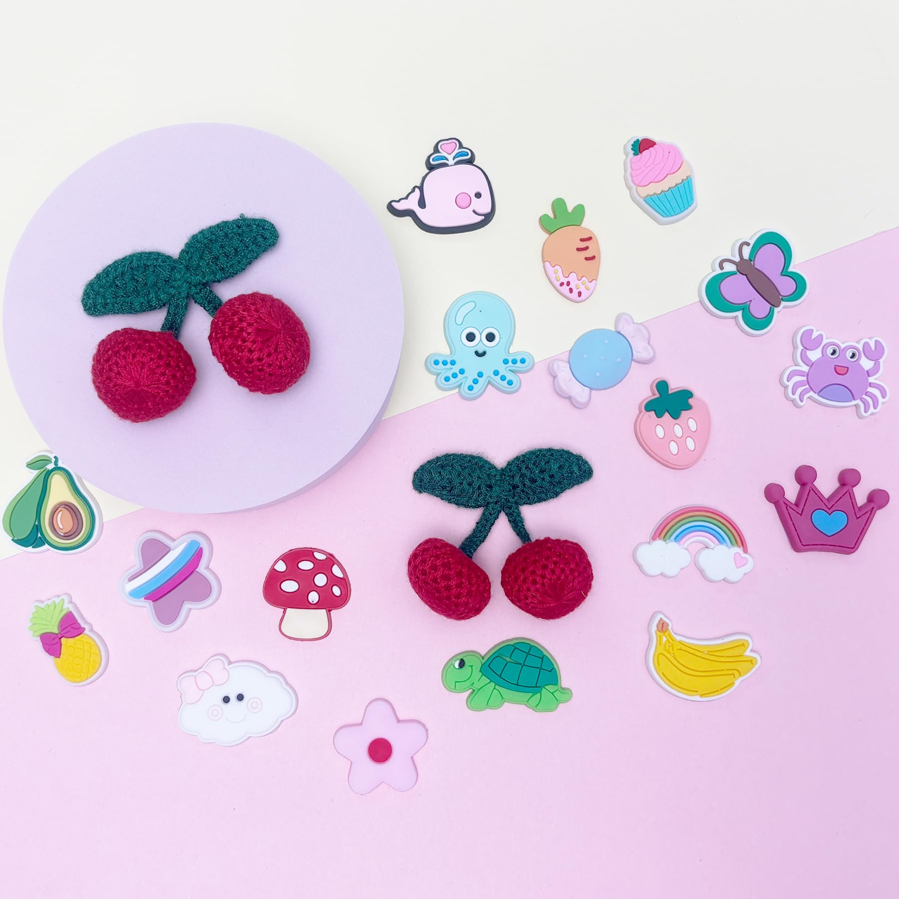 Fabric Cherry Shoe Charms for Girls, 20Pcs Cute PVC Charms for Clog Sandals, DIY Shoe Decoration Charms for Party Favor