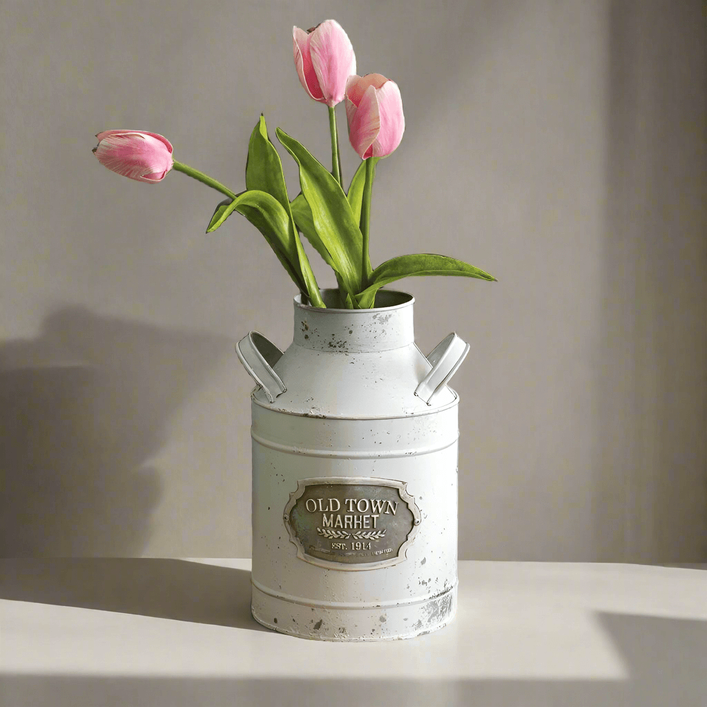 Farmhouse Old Town Market While Metal Milk Can Vase