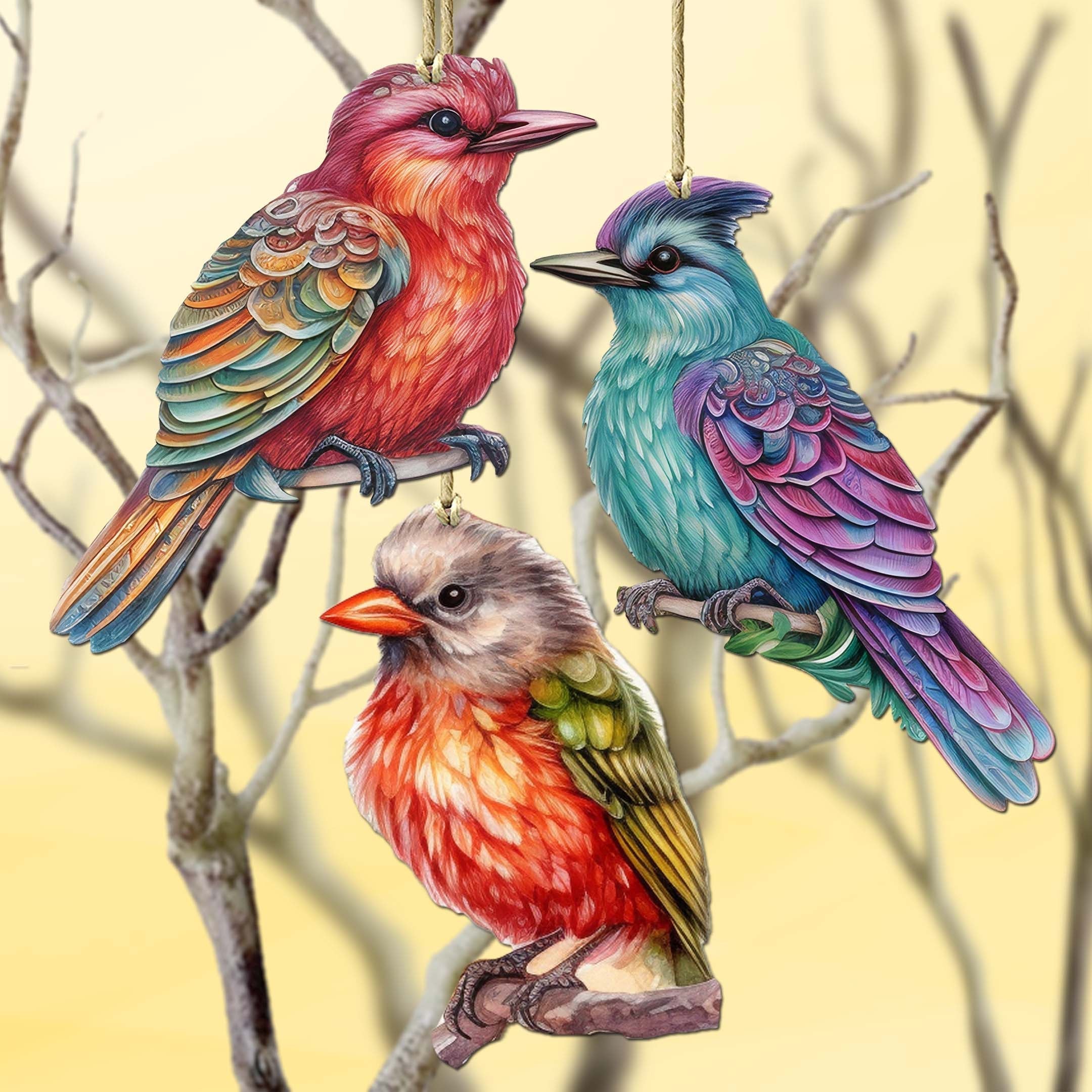 Colorful Birds Decorative Wooden Ornaments of 3 by G. Debrekht - Wildlife Decor - 8091003-S3