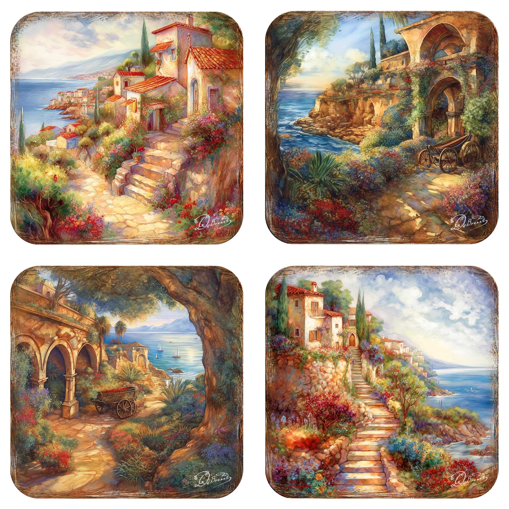 Mediterranean Sea-side Wooden Cork Coasters Gift Set of 4 by G. Debrekht - Coastal Holiday Decor  - 8199475C-S4