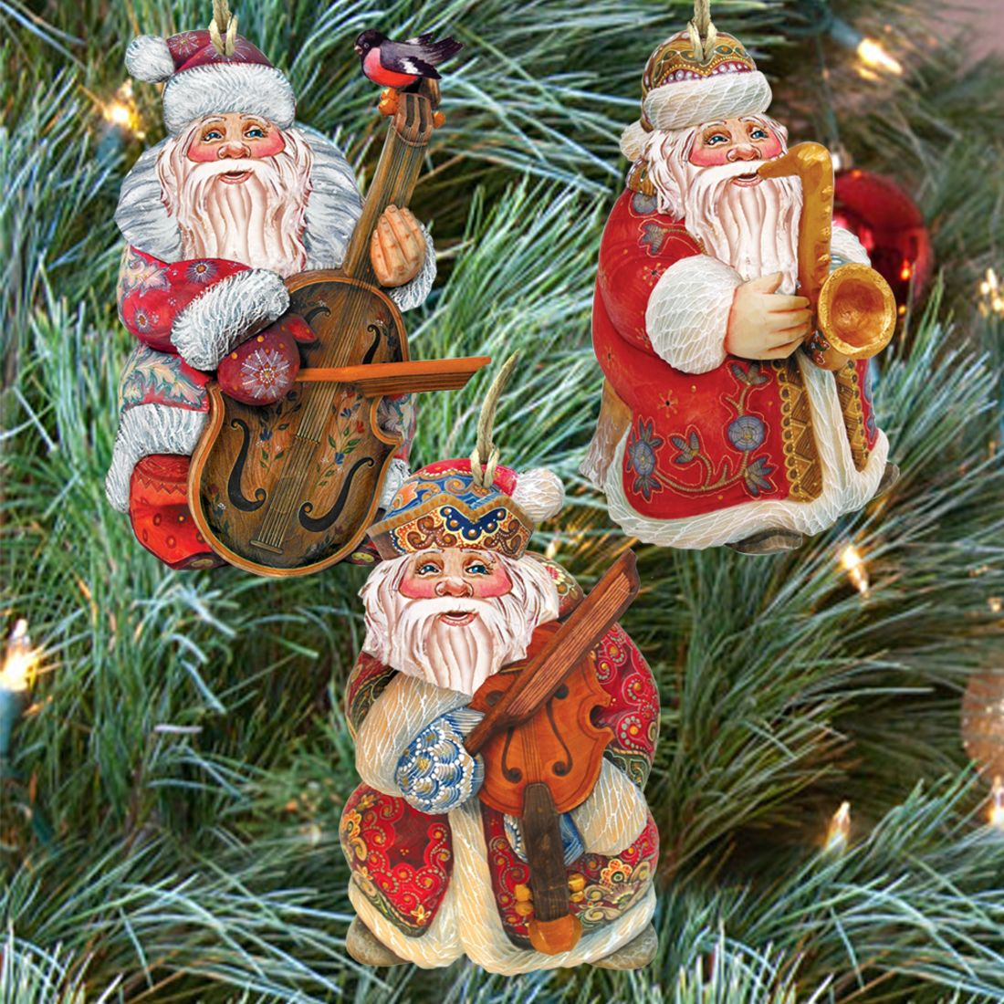Santa Musicians Wooden Ornaments Set of 3 by G. DeBrekht - Christmas Santa Snowman Decor - 8100028S3