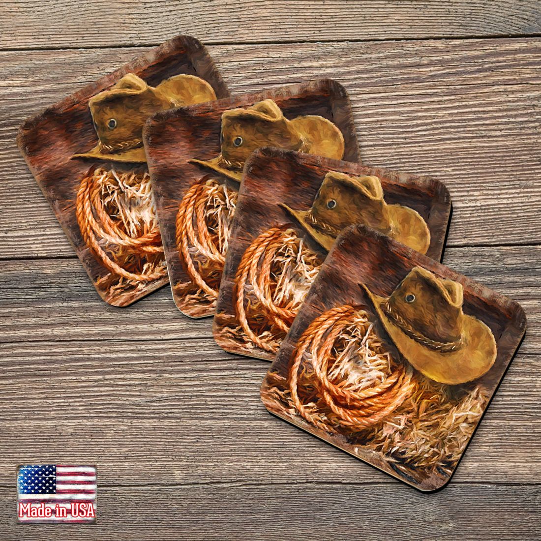 Cowboy Hat Wooden Cork Coasters Gift Set of 4 by Nature Wonders - Nature Wildlife Decor  - 95233C-S4