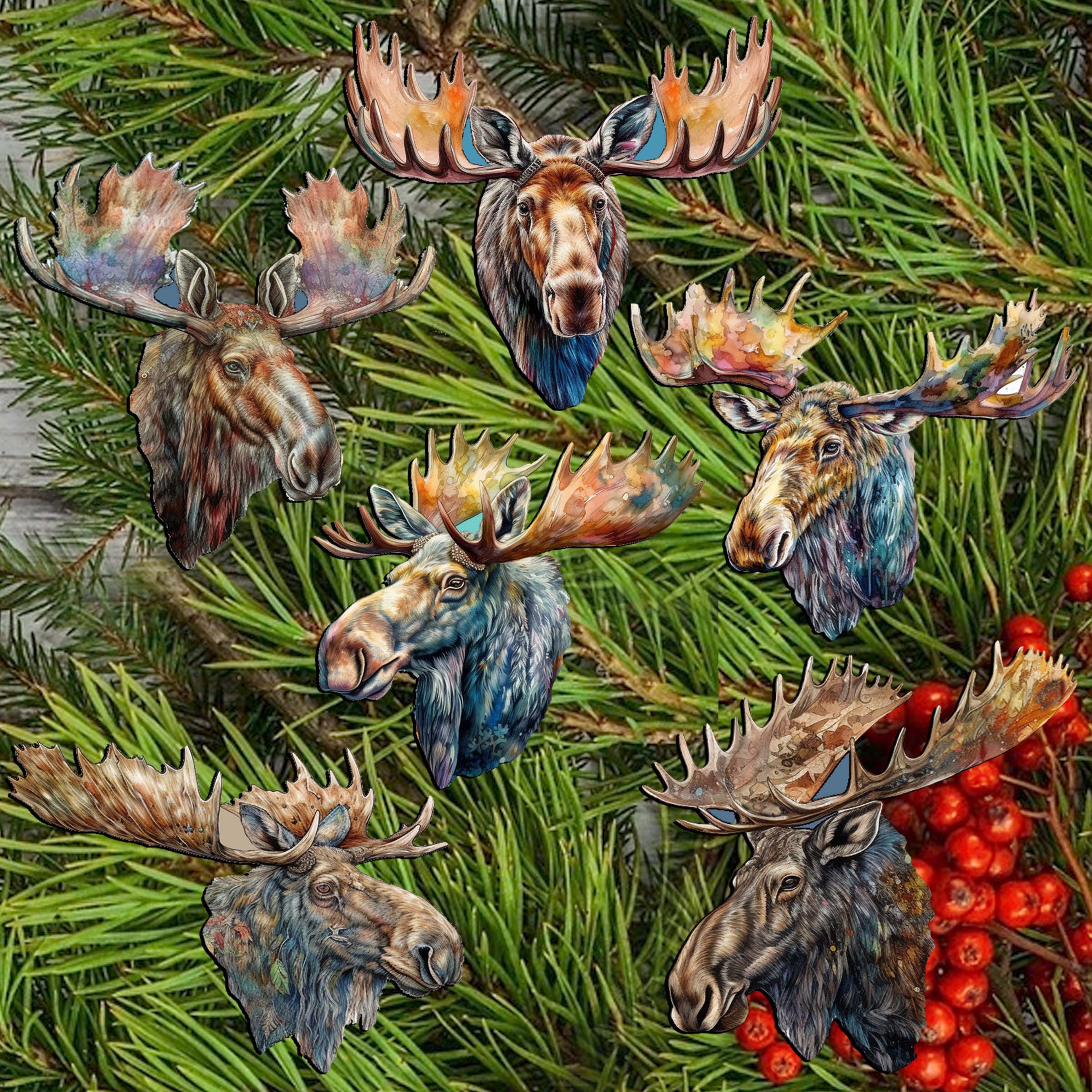 Majestic Moose Decorative Wooden Clip-on Ornaments Set of 6 by G. Debrekht - Wildlife Decor - 8090108C-S6