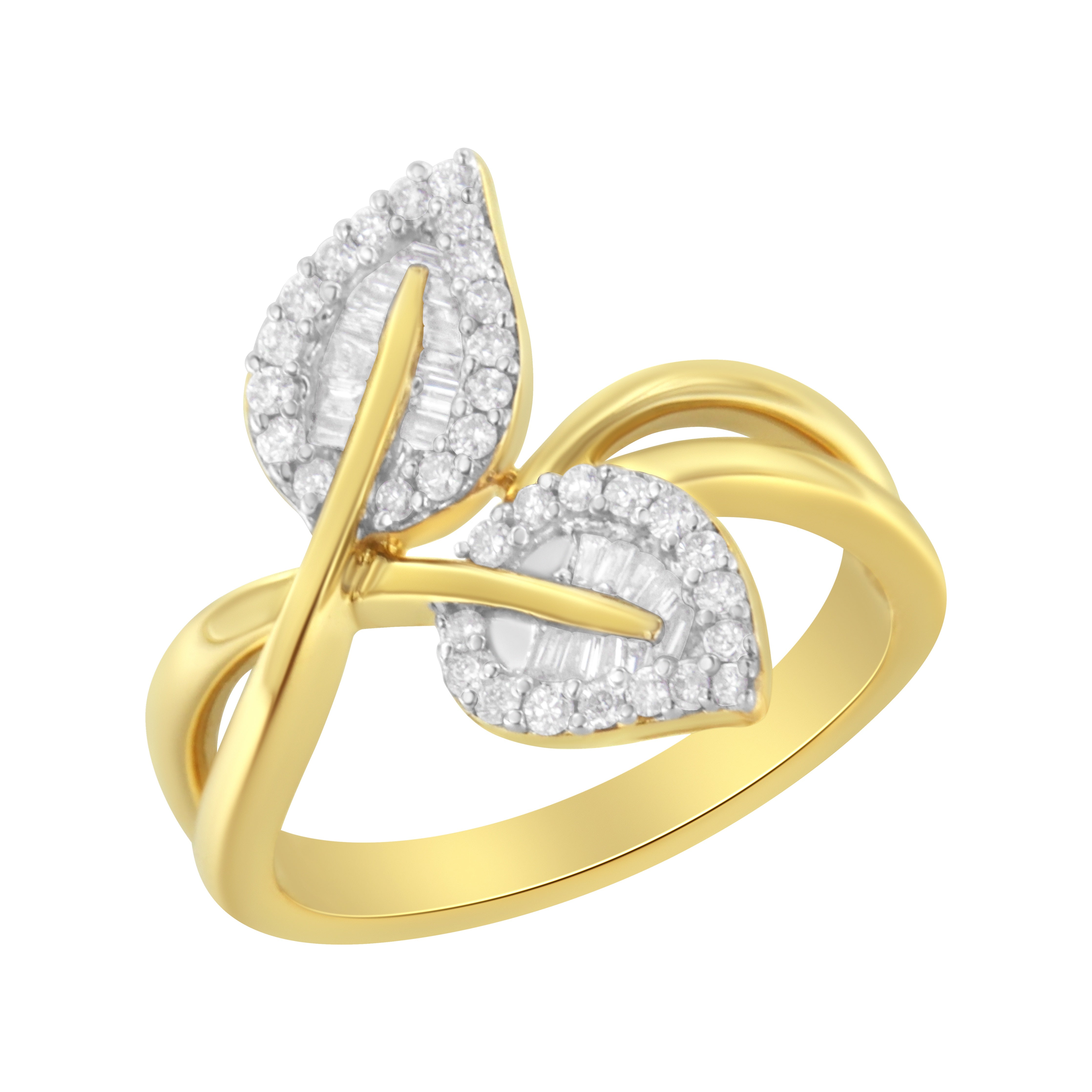 10K Yellow Gold 3/8 Cttw Round And Baguette-Cut Diamond Leaf Cocktail Ring - Size 9 (I-J Color, I1-I2 Clarity)