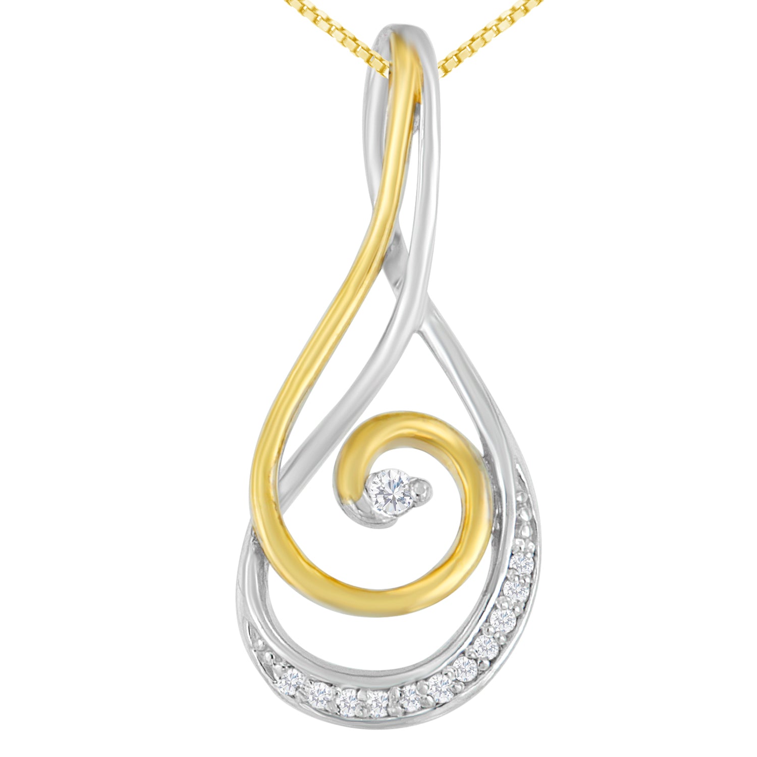 Espira 10K Two-Tone Gold Round Cut Diamond Sparkling Spiral Pendant Necklace (1/6 cttw, J-K Color, I2-I3 Clarity)