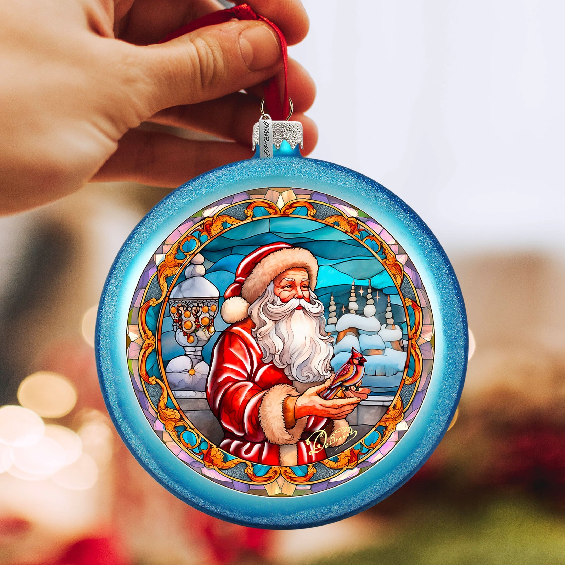 Santa's Red-feathered Friend Glass Ornament by G. DeBrekht - Christmas Santa Snowman Decor - 744-046