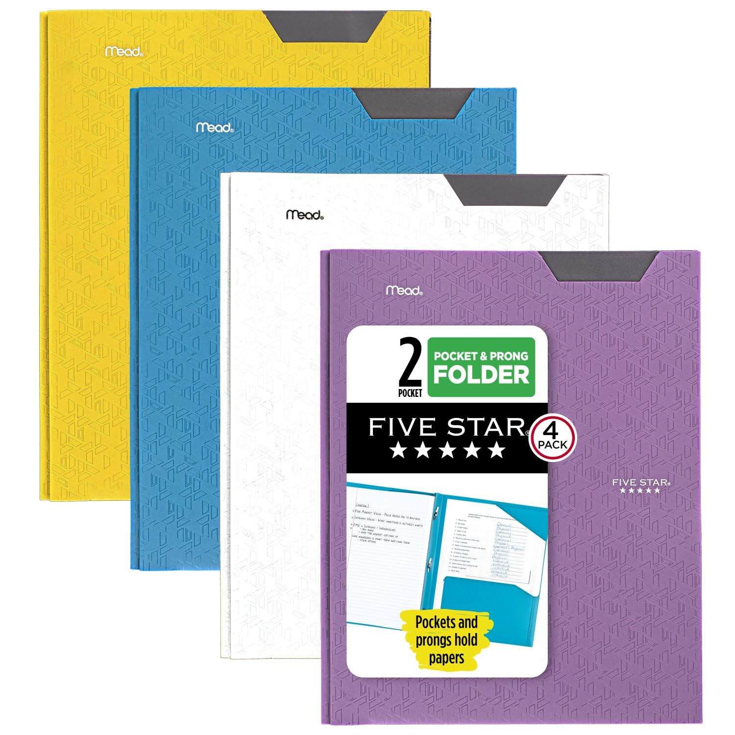 Five Star 2-Pocket Folder, 4 Pack, Plastic Folder with Stay-Put Tabs and Prong Fasteners, Holds 8-1/2" x 11" Paper, Black, Fire Red, Forest Green, Pacific Blue (38048)