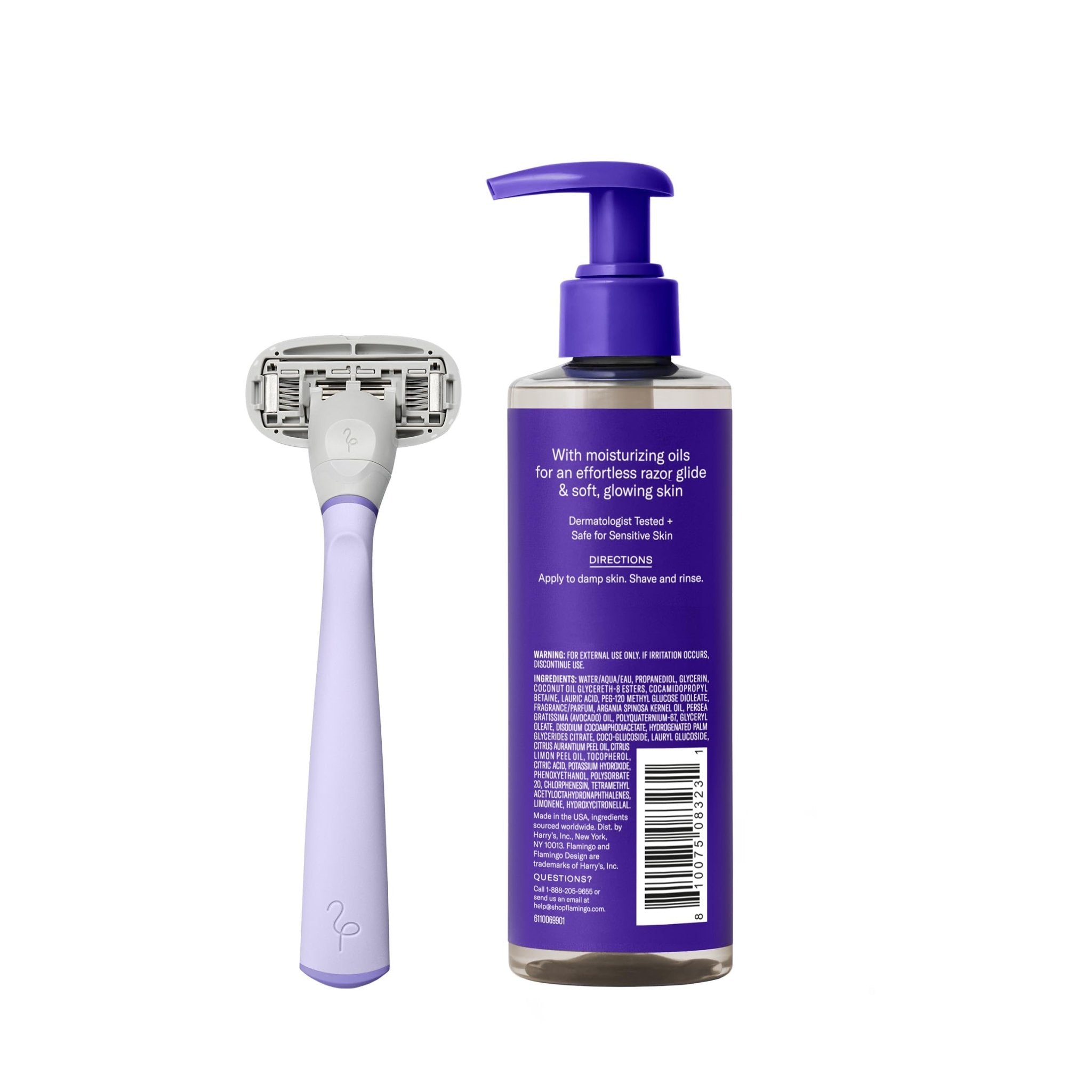 Flamingo Razor Shaving Set for Women - 5-Blade Razor, Nourishing Shave Oil, and Shower Holder - Lilac