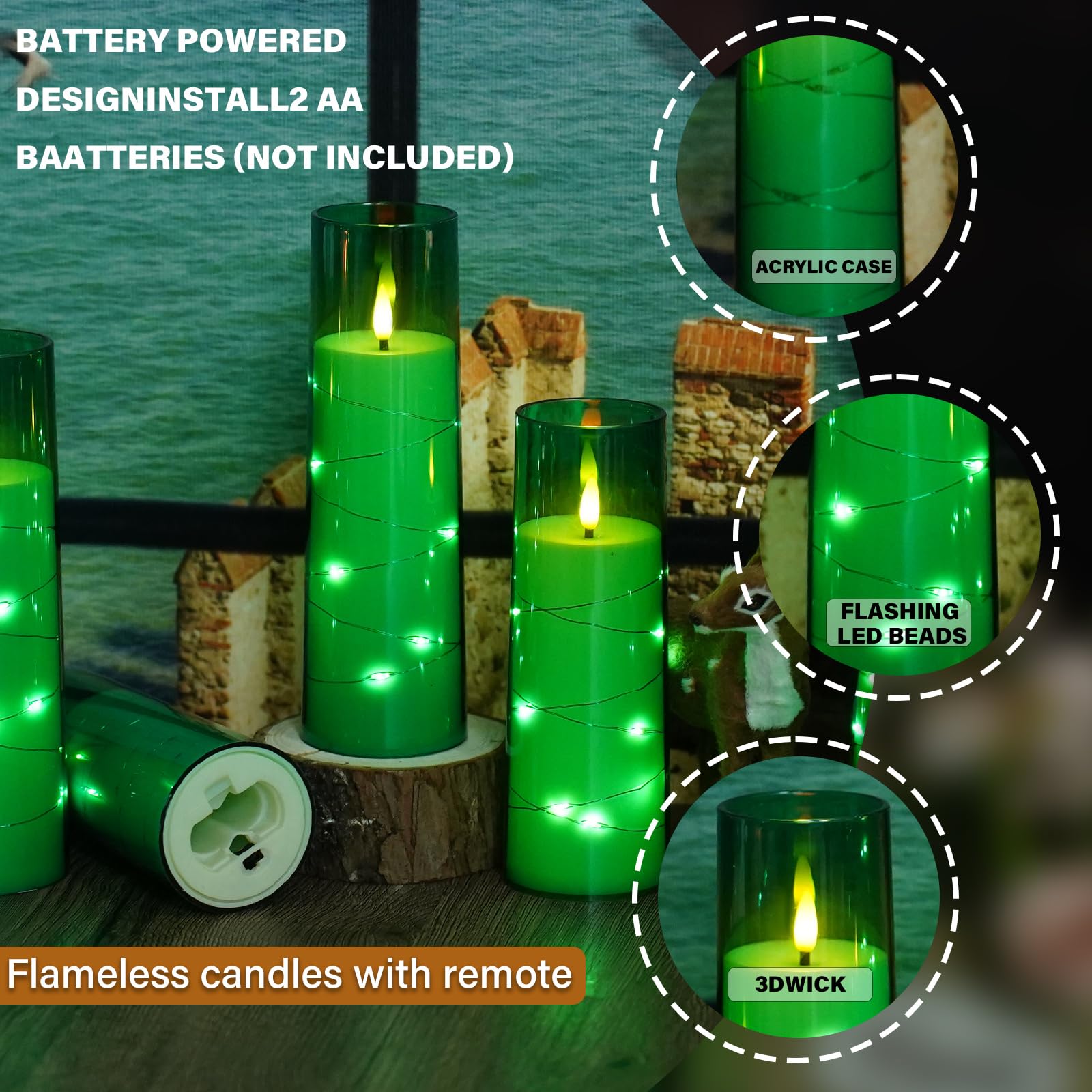 Flickering Flameless LED Candles, 9 Pcs with Embedded Star String, Acrylic LED Pillar Candles with Remote, Suitable for Home Decoration (Grey)