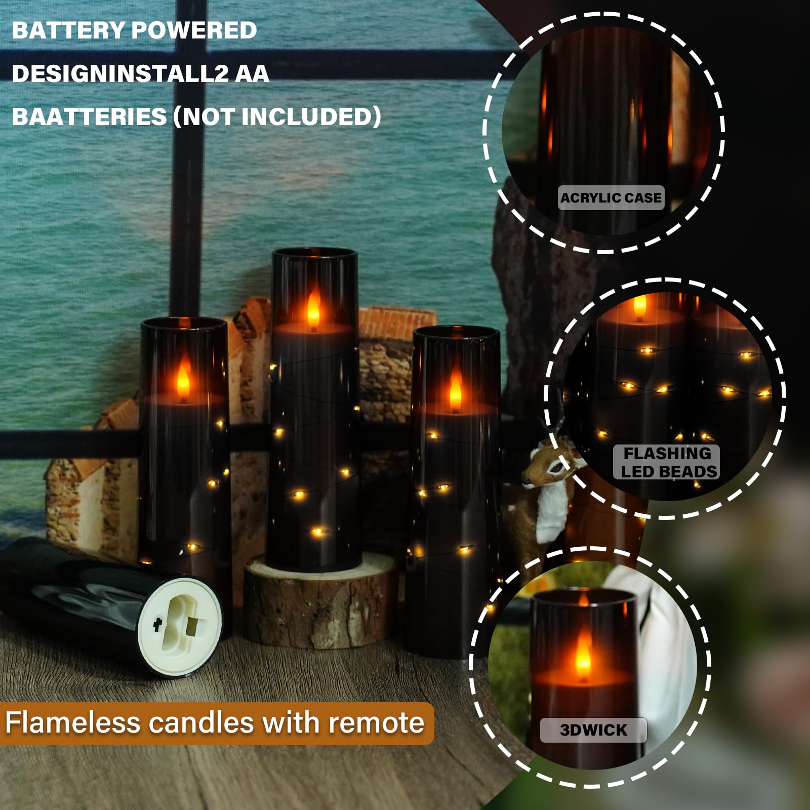 Flickering Flameless LED Candles, 9 Pcs with Embedded Star String, Acrylic LED Pillar Candles with Remote, Suitable for Home Decoration (Grey)