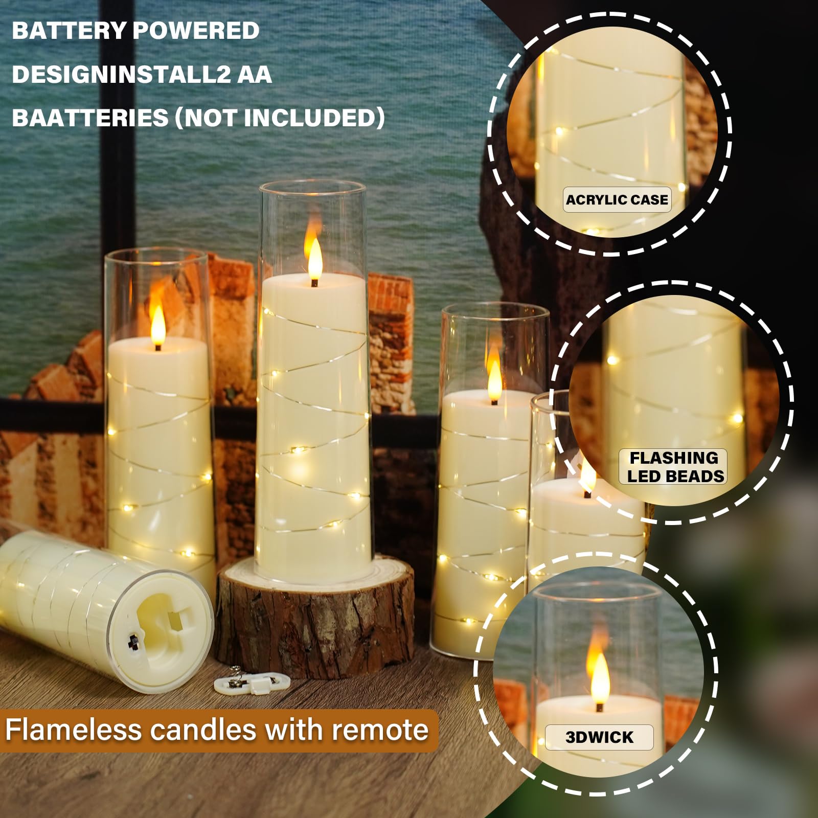 Flickering Flameless LED Candles, 9 Pcs with Embedded Star String, Acrylic LED Pillar Candles with Remote, Suitable for Home Decoration (Grey)