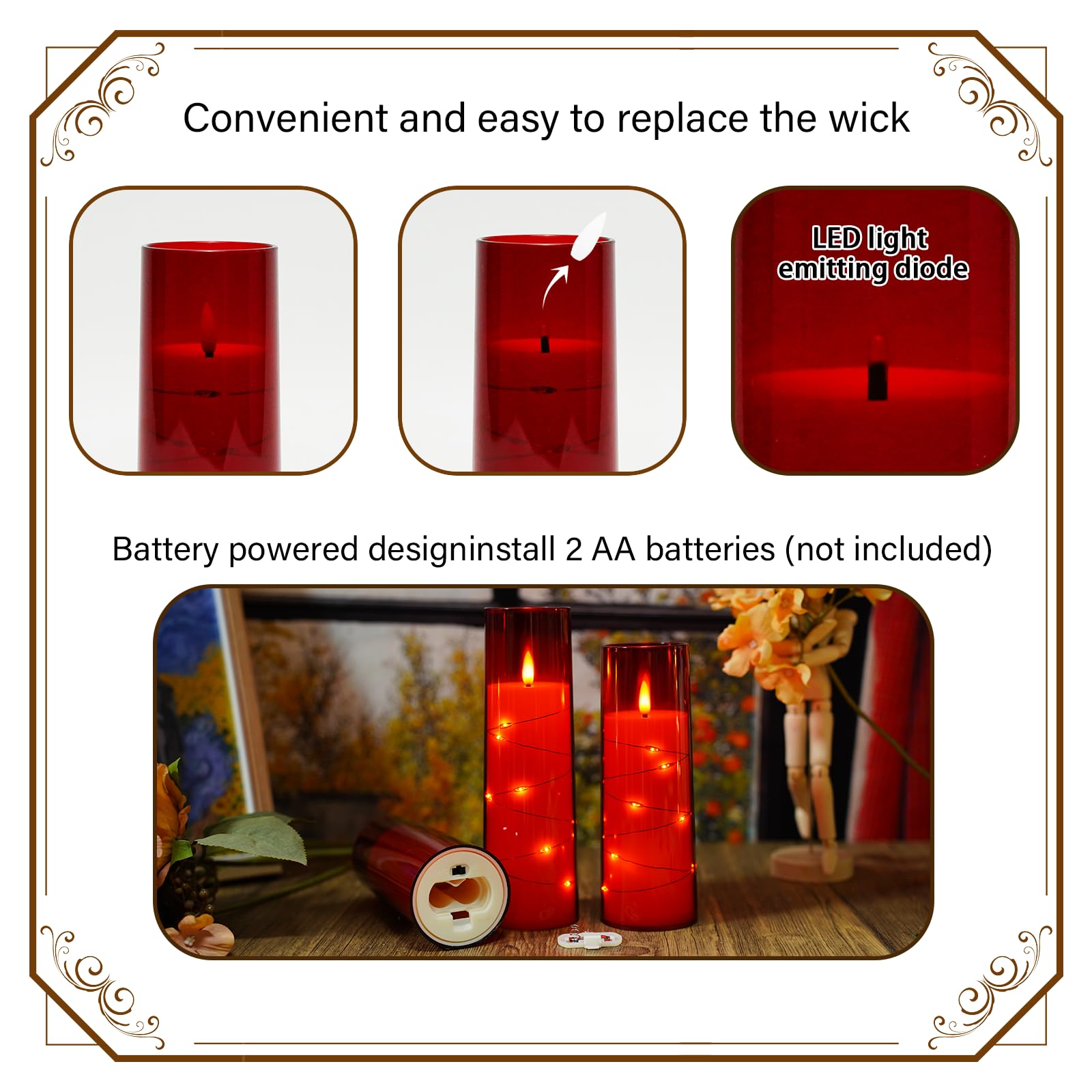 Flickering Flameless LED Candles, 9 Pcs with Embedded Star String, Acrylic LED Pillar Candles with Remote, Suitable for Home Decoration (Grey)