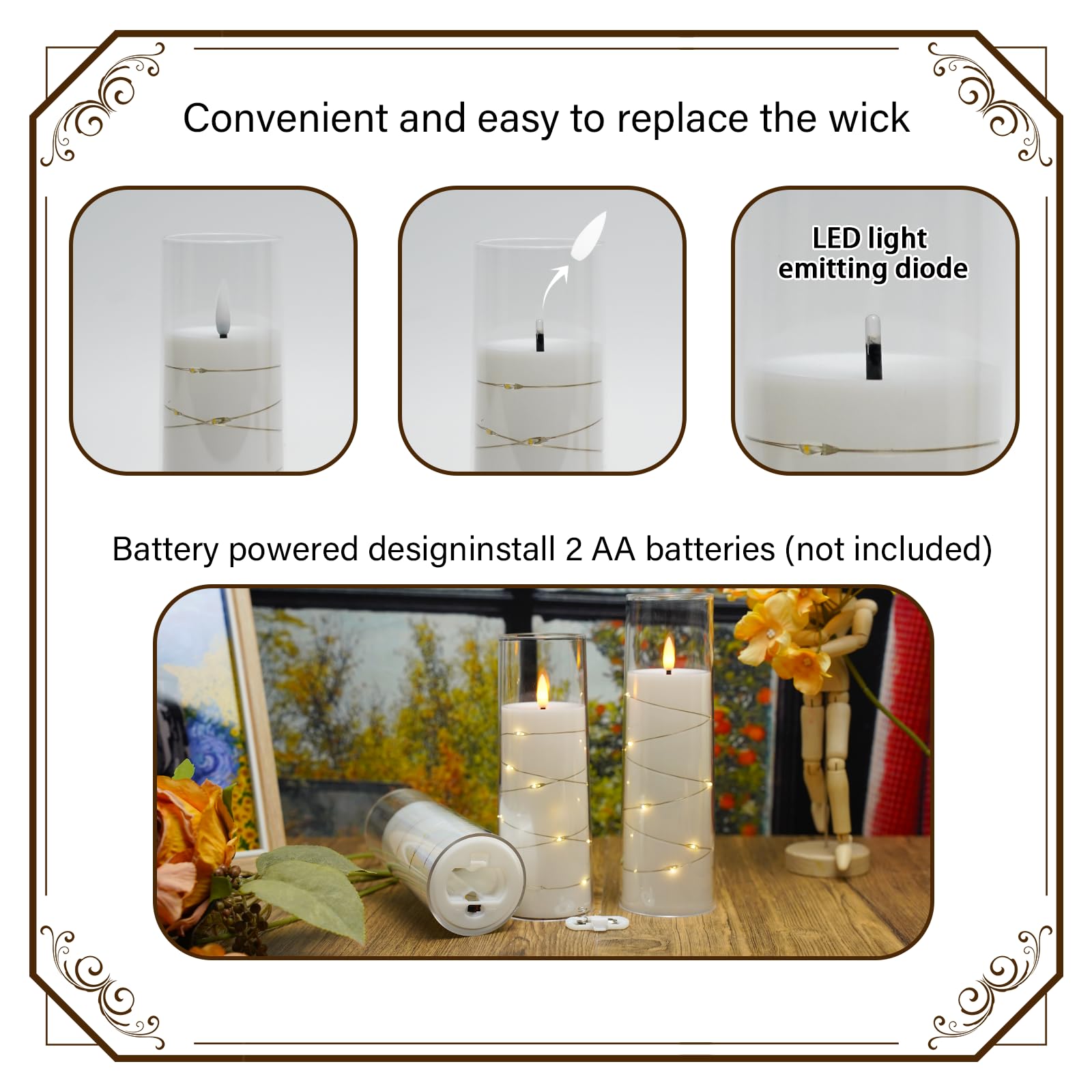 Flickering Flameless LED Candles, 9 Pcs with Embedded Star String, Acrylic LED Pillar Candles with Remote, Suitable for Home Decoration (Grey)