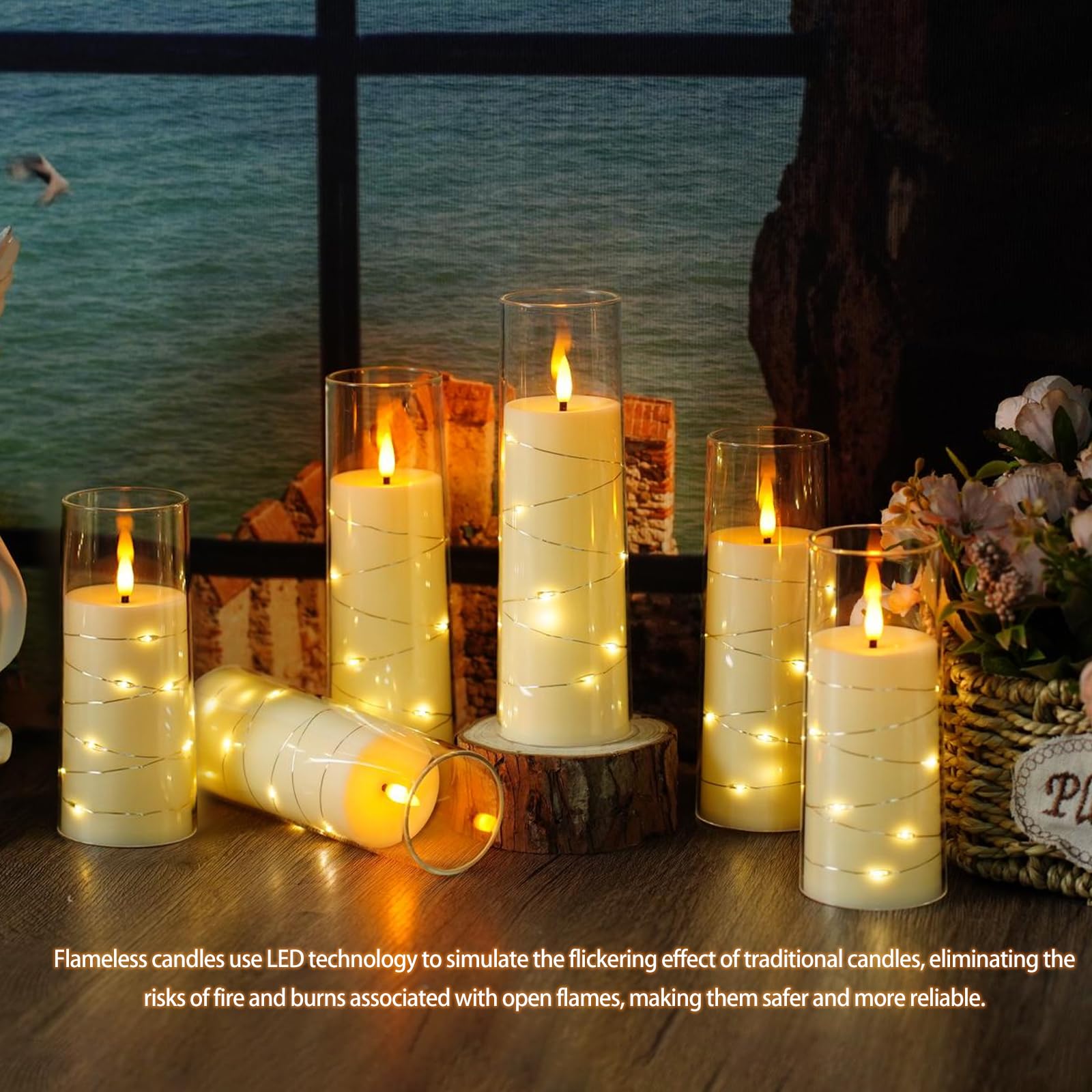 Flickering Flameless LED Candles, 9 Pcs with Embedded Star String, Acrylic LED Pillar Candles with Remote, Suitable for Home Decoration (Grey)