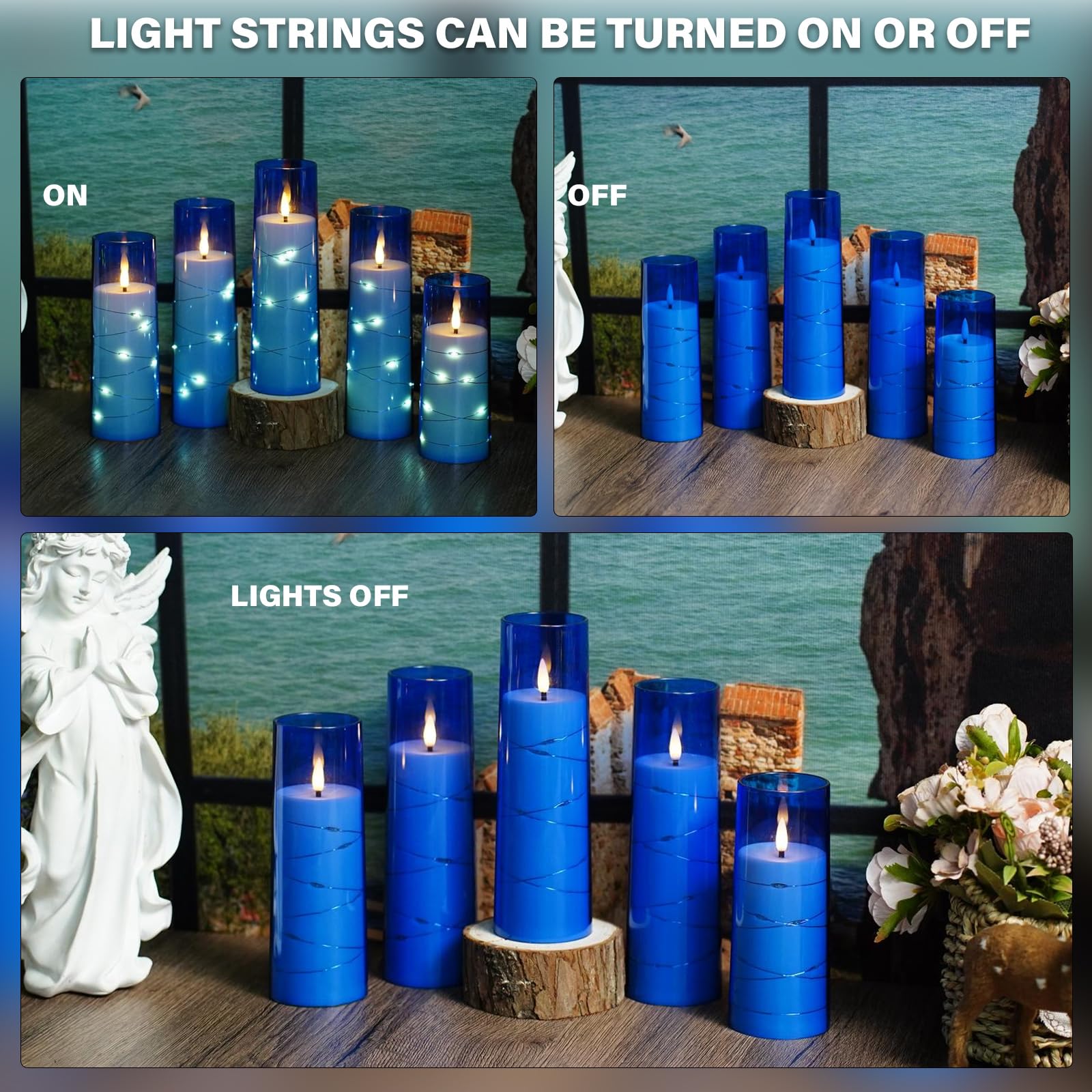 Flickering Flameless LED Candles, 9 Pcs with Embedded Star String, Acrylic LED Pillar Candles with Remote, Suitable for Home Decoration (Grey)