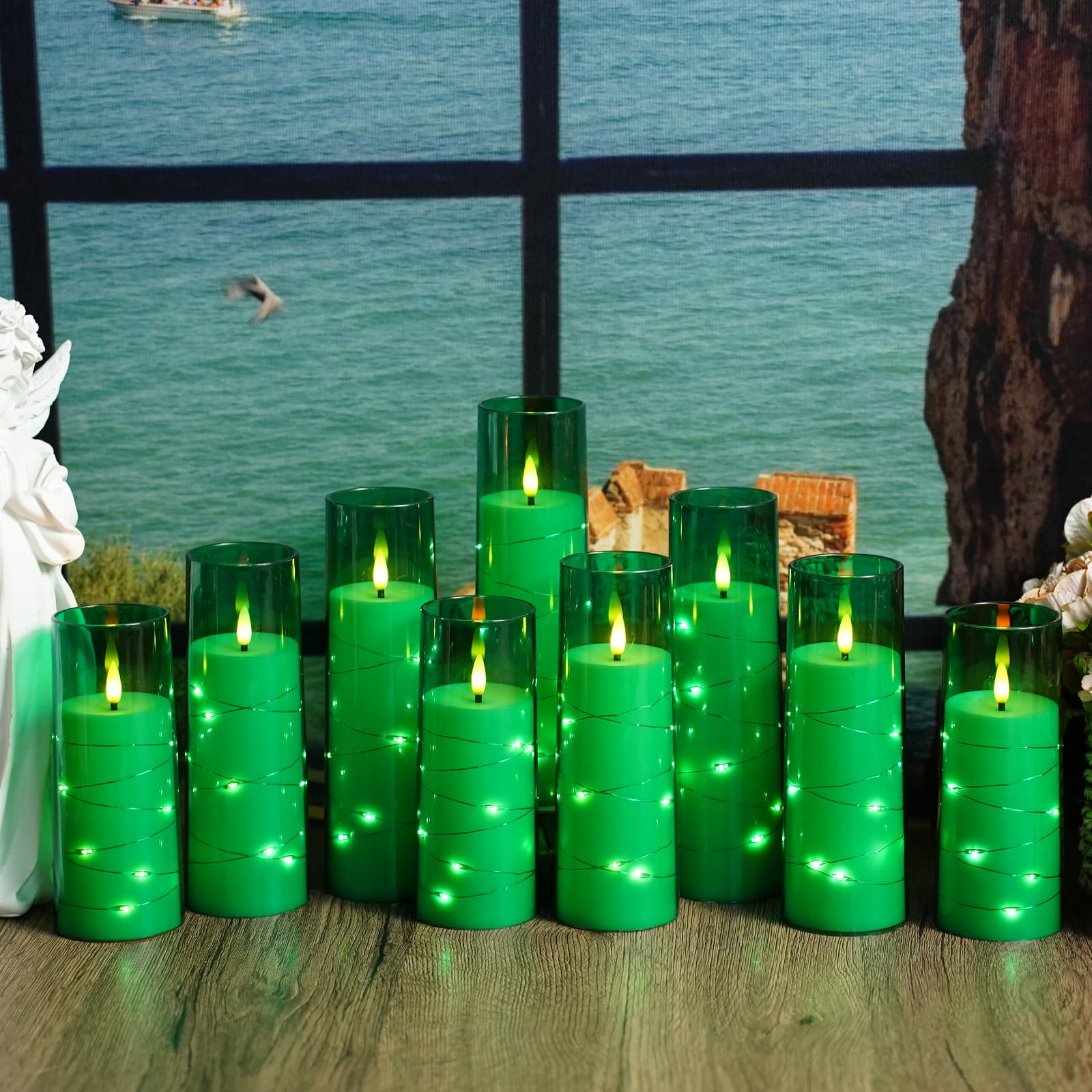 Flickering Flameless LED Candles, 9 Pcs with Embedded Star String, Acrylic LED Pillar Candles with Remote, Suitable for Home Decoration (Grey)