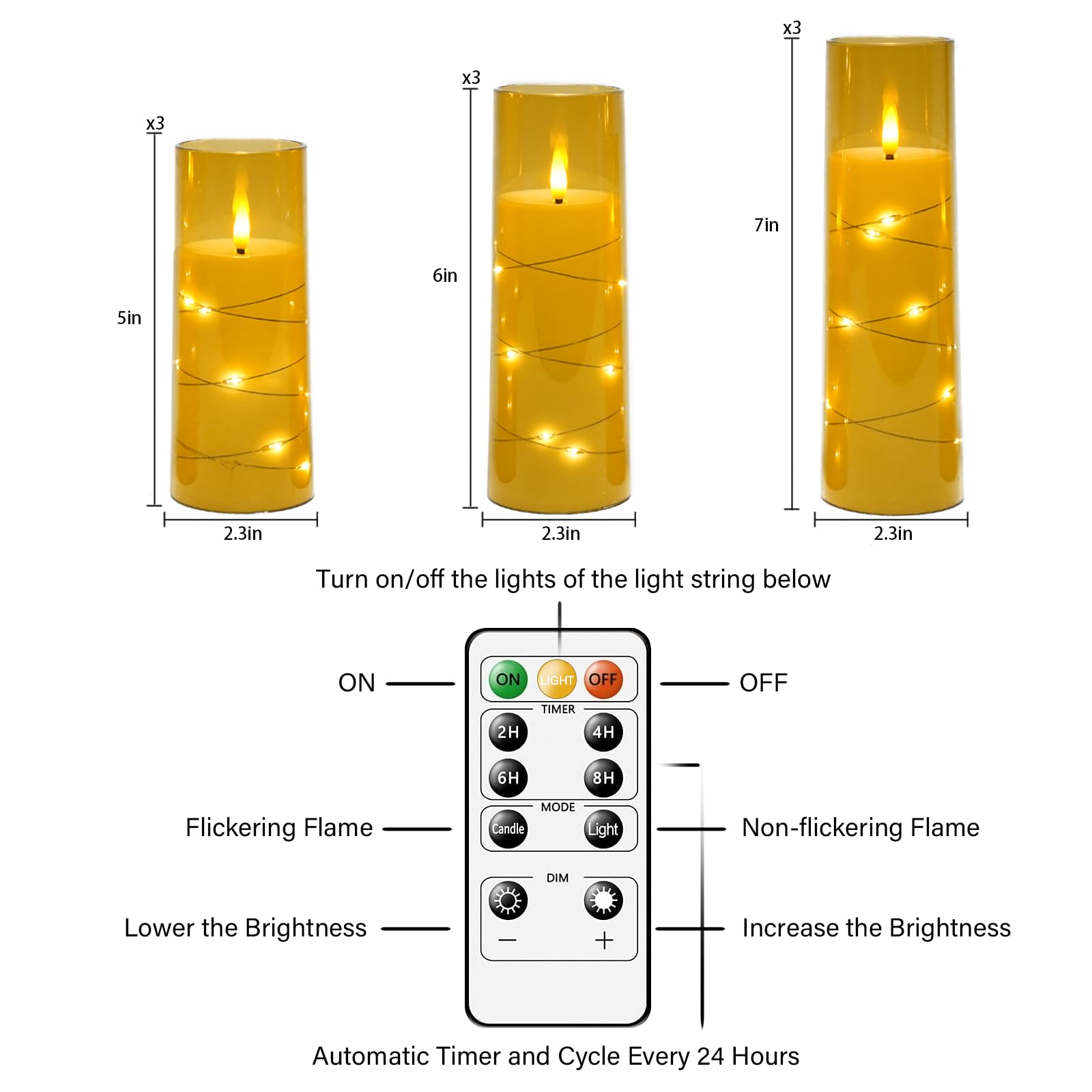 Flickering Flameless LED Candles, 9 Pcs with Embedded Star String, Acrylic LED Pillar Candles with Remote, Suitable for Home Decoration (Grey)