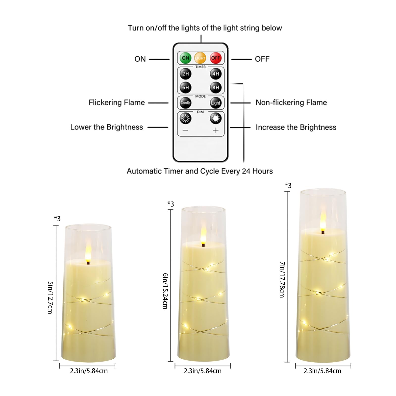 Flickering Flameless LED Candles, 9 Pcs with Embedded Star String, Acrylic LED Pillar Candles with Remote, Suitable for Home Decoration (Grey)