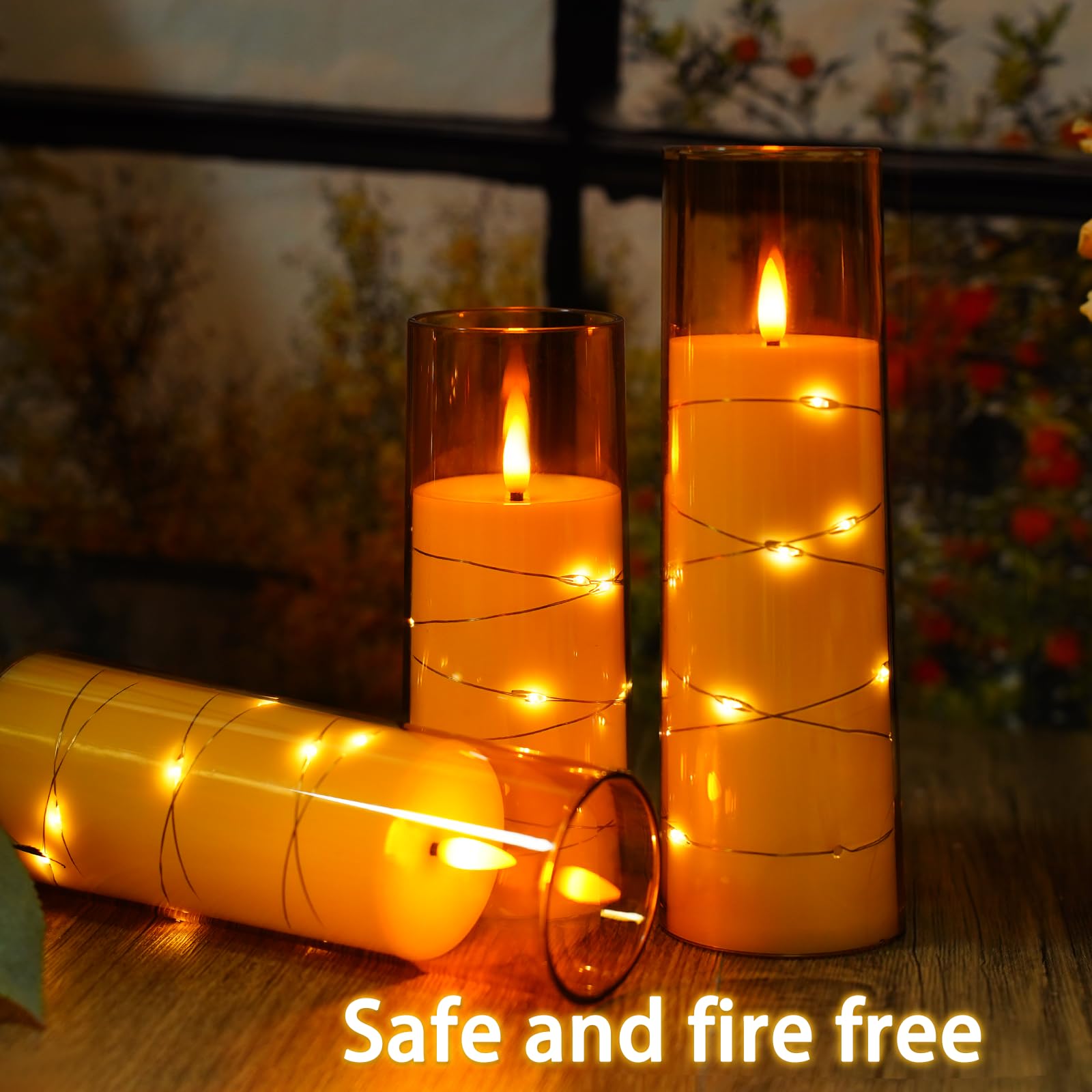 Flickering Flameless LED Candles, 9 Pcs with Embedded Star String, Acrylic LED Pillar Candles with Remote, Suitable for Home Decoration (Grey)