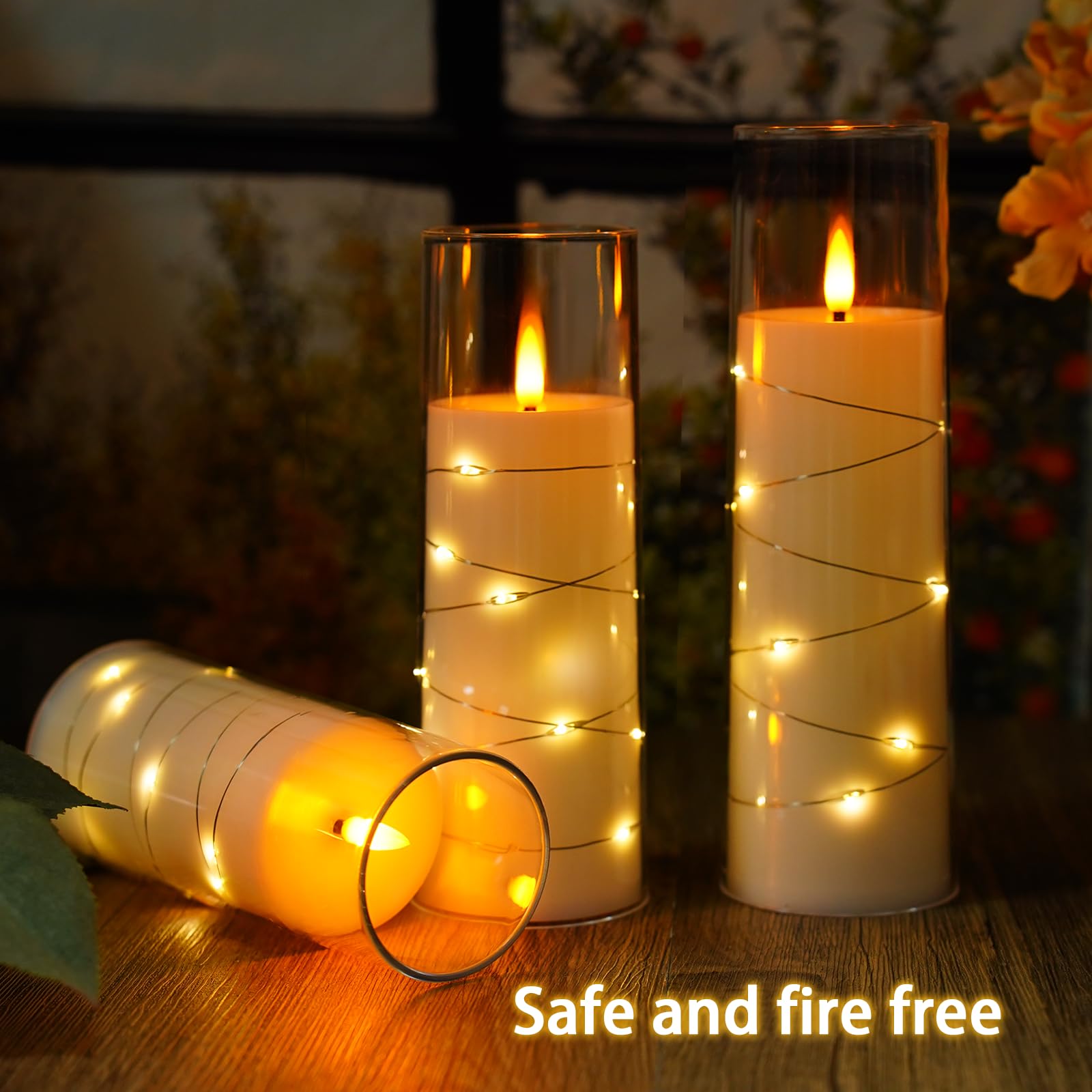 Flickering Flameless LED Candles, 9 Pcs with Embedded Star String, Acrylic LED Pillar Candles with Remote, Suitable for Home Decoration (Grey)