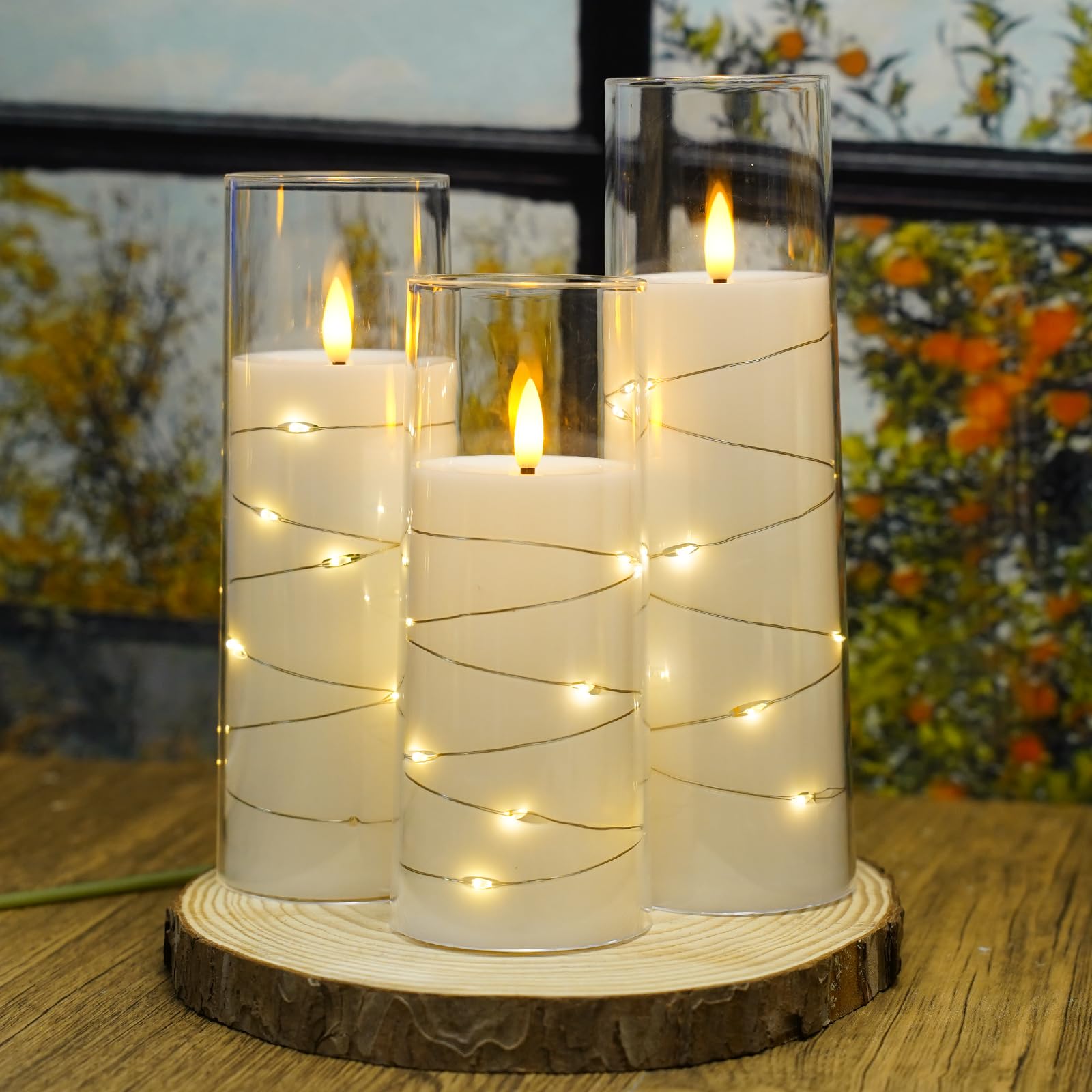 Flickering Flameless LED Candles, 9 Pcs with Embedded Star String, Acrylic LED Pillar Candles with Remote, Suitable for Home Decoration (Grey)