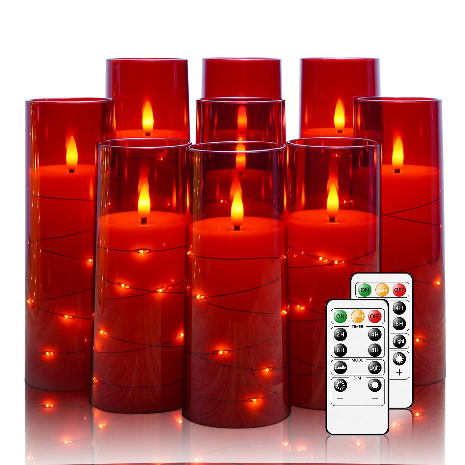 Flickering Flameless LED Candles, 9 Pcs with Embedded Star String, Acrylic LED Pillar Candles with Remote, Suitable for Home Decoration (Grey)