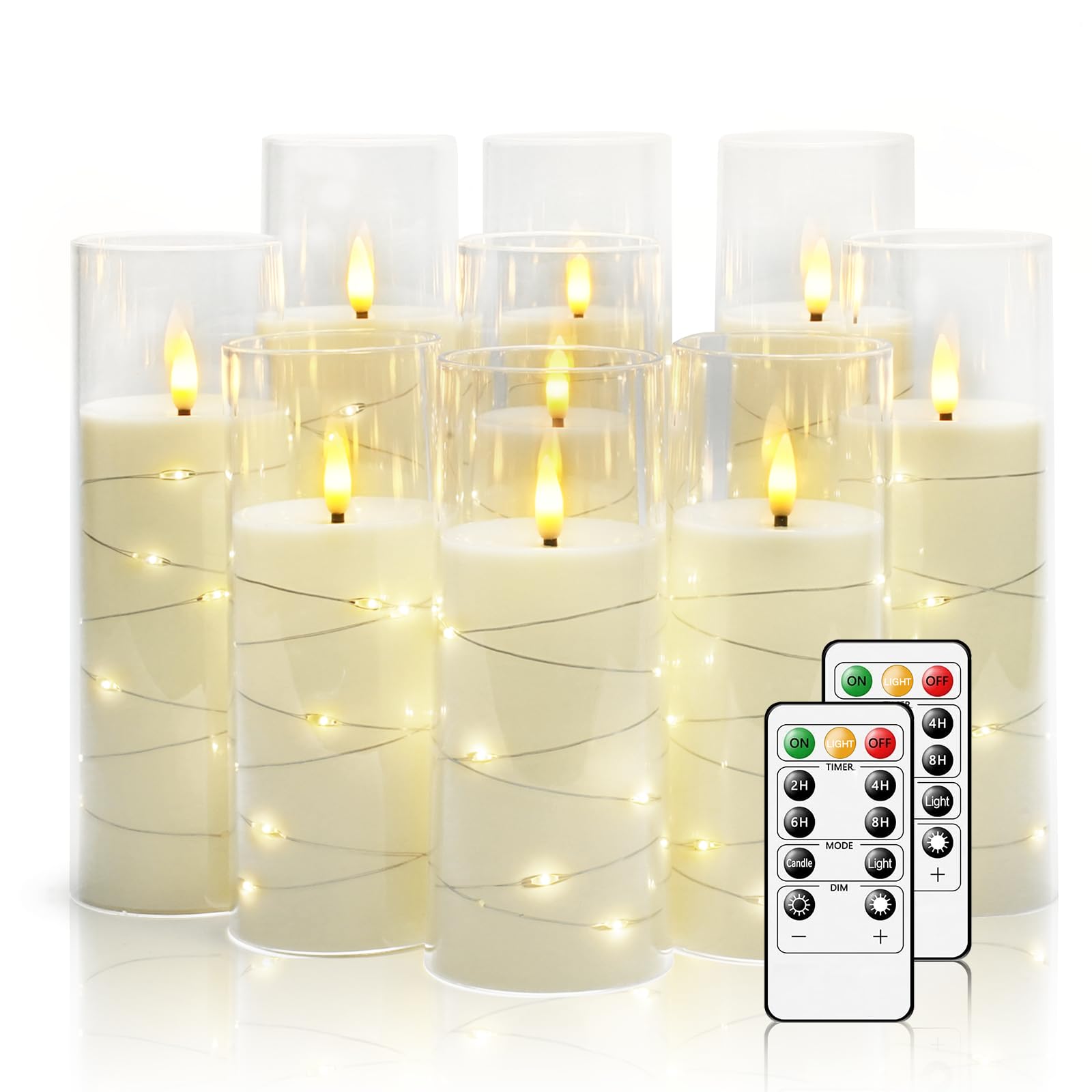 Flickering Flameless LED Candles, 9 Pcs with Embedded Star String, Acrylic LED Pillar Candles with Remote, Suitable for Home Decoration (Grey)