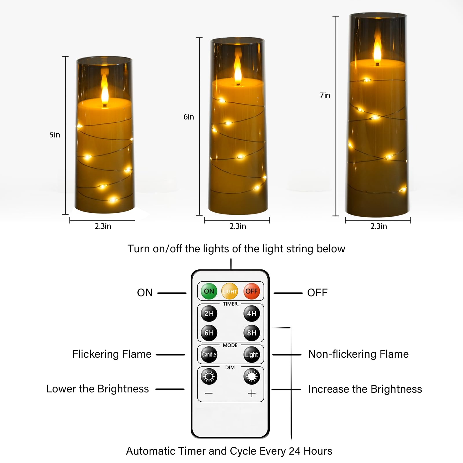 Flickering Flameless LED Candles, 9 Pcs with Embedded Star String, Acrylic LED Pillar Candles with Remote, Suitable for Home Decoration (Grey)