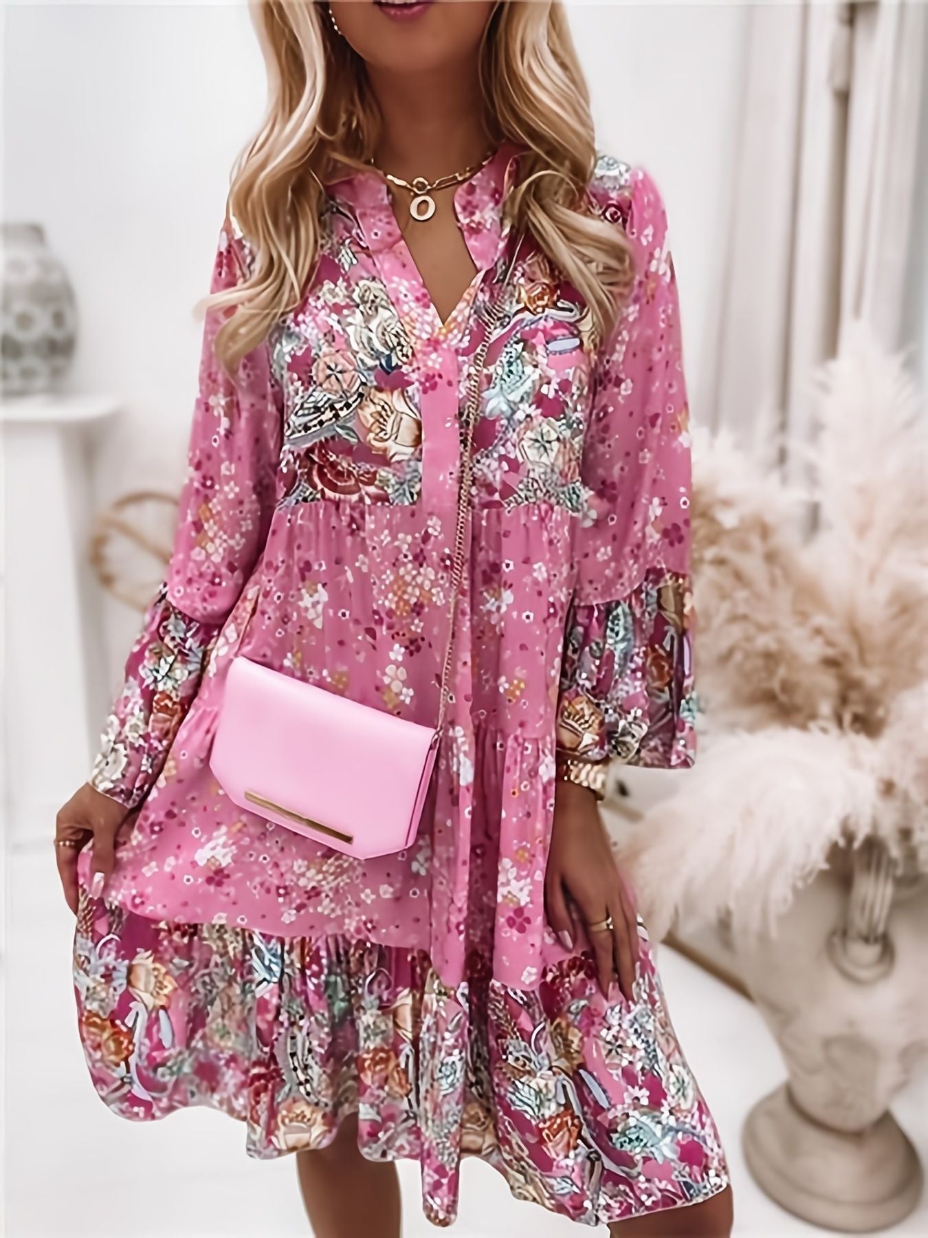 Floral Print Ruffle Hem Dress; Boho Holiday Long Sleeve V-neck Dress; Women's Clothing