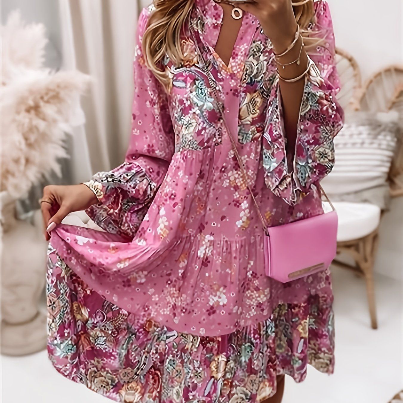 Floral Print Ruffle Hem Dress; Boho Holiday Long Sleeve V-neck Dress; Women's Clothing