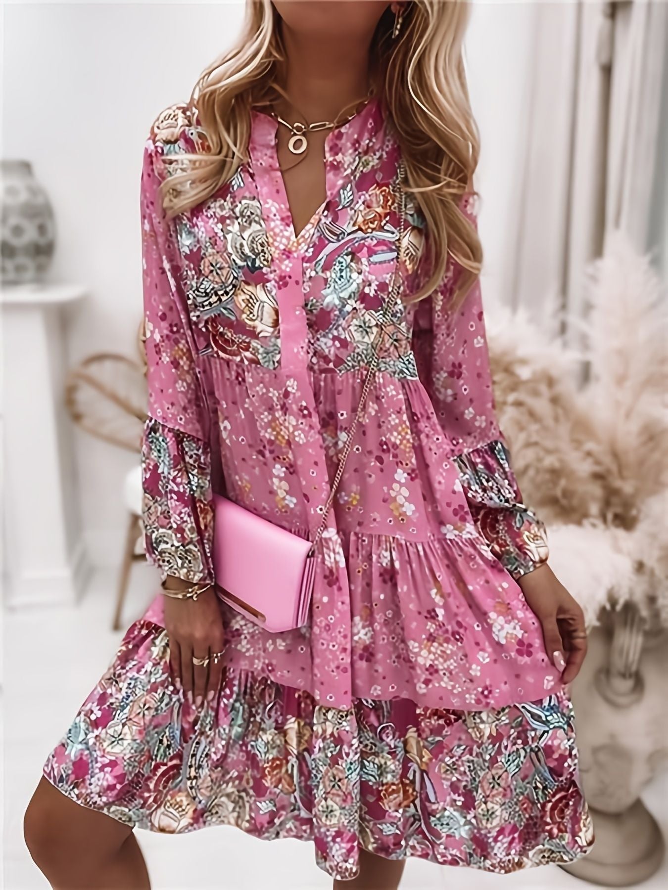 Floral Print Ruffle Hem Dress; Boho Holiday Long Sleeve V-neck Dress; Women's Clothing