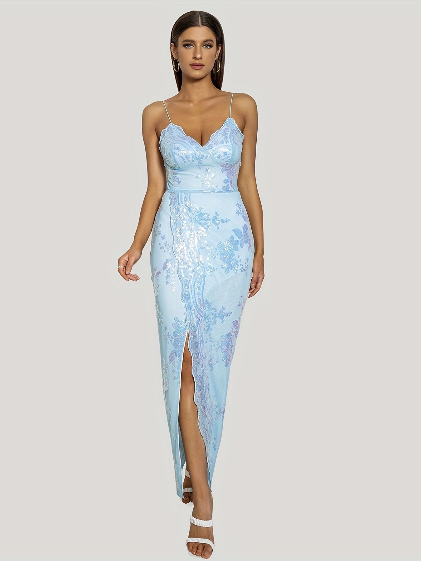 Floral Sequined Dress, Sexy Spaghetti Strap Sleeveless Party Dress, Women's Clothing