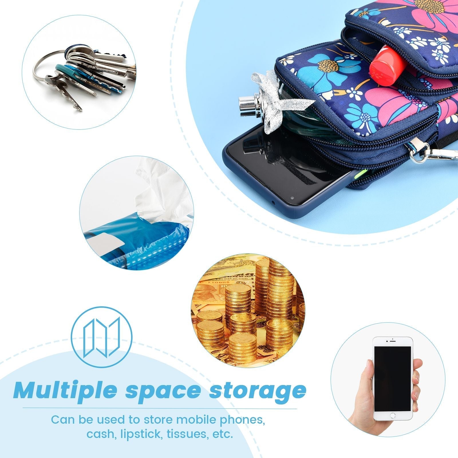 Flower Pattern Crossbody Cell Phone Purse For Women; 3-Layers Zipper Nylon Shoulder Bag; Sport Armband Wallet For Smartphone