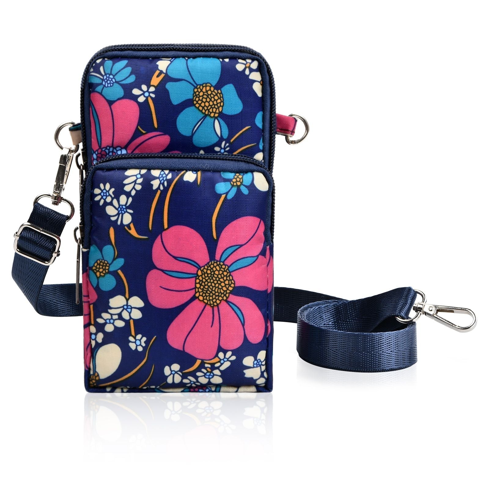 Flower Pattern Crossbody Cell Phone Purse For Women; 3-Layers Zipper Nylon Shoulder Bag; Sport Armband Wallet For Smartphone